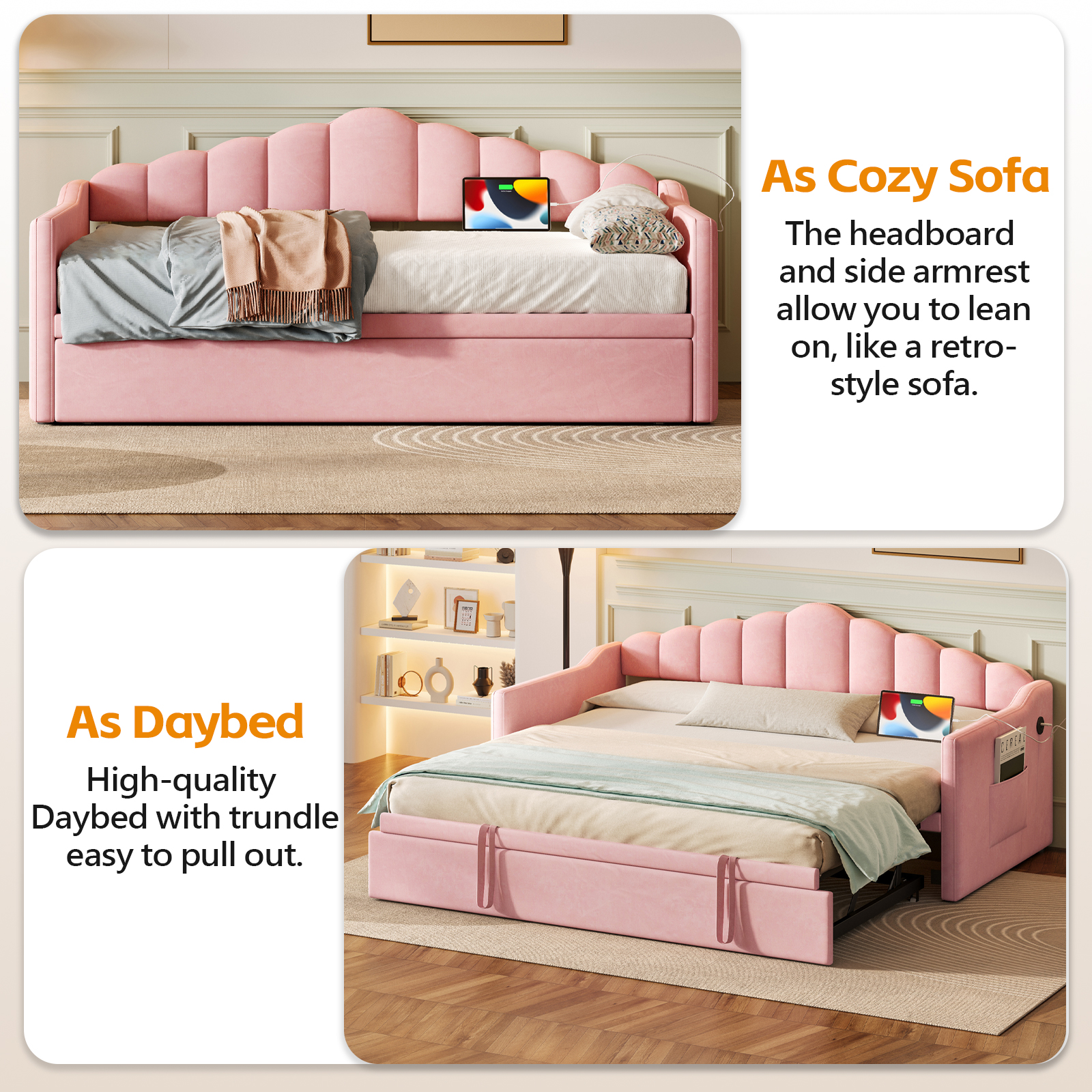 Upholstered Twin Size Daybed with Adjustable Height Pop Up Trundle Twin Bed and USB & Type-C Charging Port, Day Bed Frame with 2 Side Pockets, No Box-Spring Needed, Pink(Old SKU:N733S285118H) - Image 3