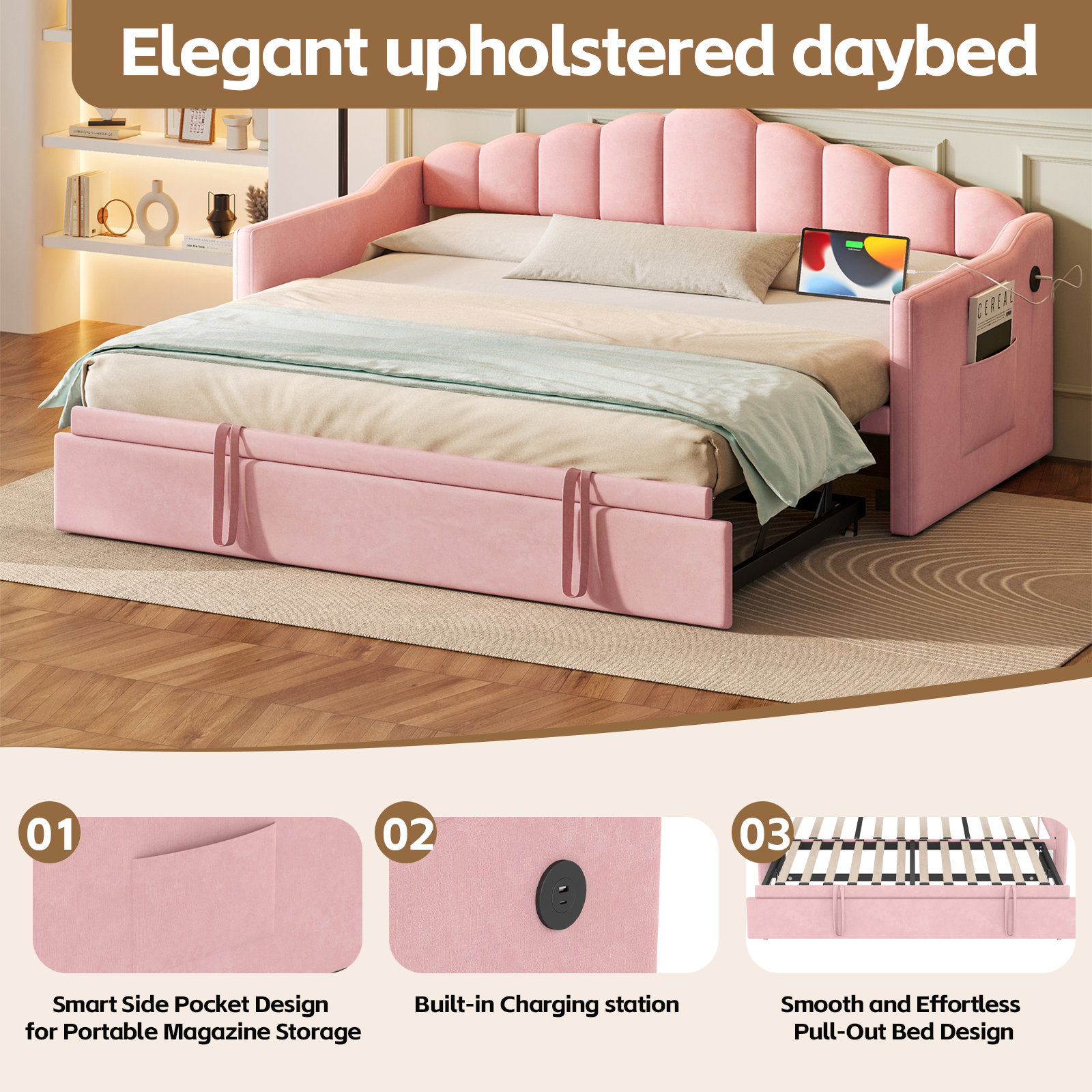 Upholstered Twin Size Daybed with Adjustable Height Pop Up Trundle Twin Bed and USB & Type-C Charging Port, Day Bed Frame with 2 Side Pockets, No Box-Spring Needed, Pink(Old SKU:N733S285118H) - Image 4
