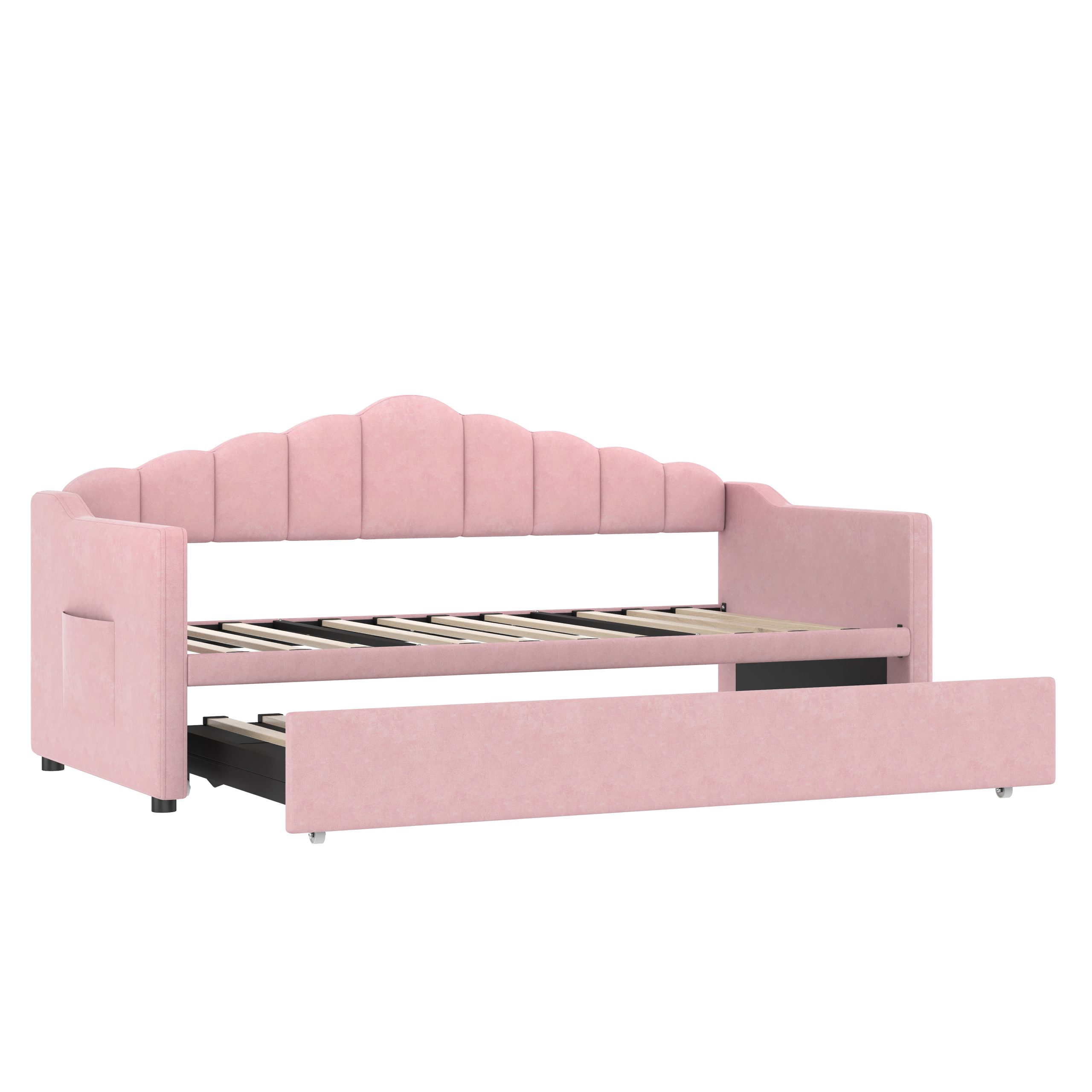 Upholstered Twin Size Daybed with Adjustable Height Pop Up Trundle Twin Bed and USB & Type-C Charging Port, Day Bed Frame with 2 Side Pockets, No Box-Spring Needed, Pink(Old SKU:N733S285118H) - Image 6