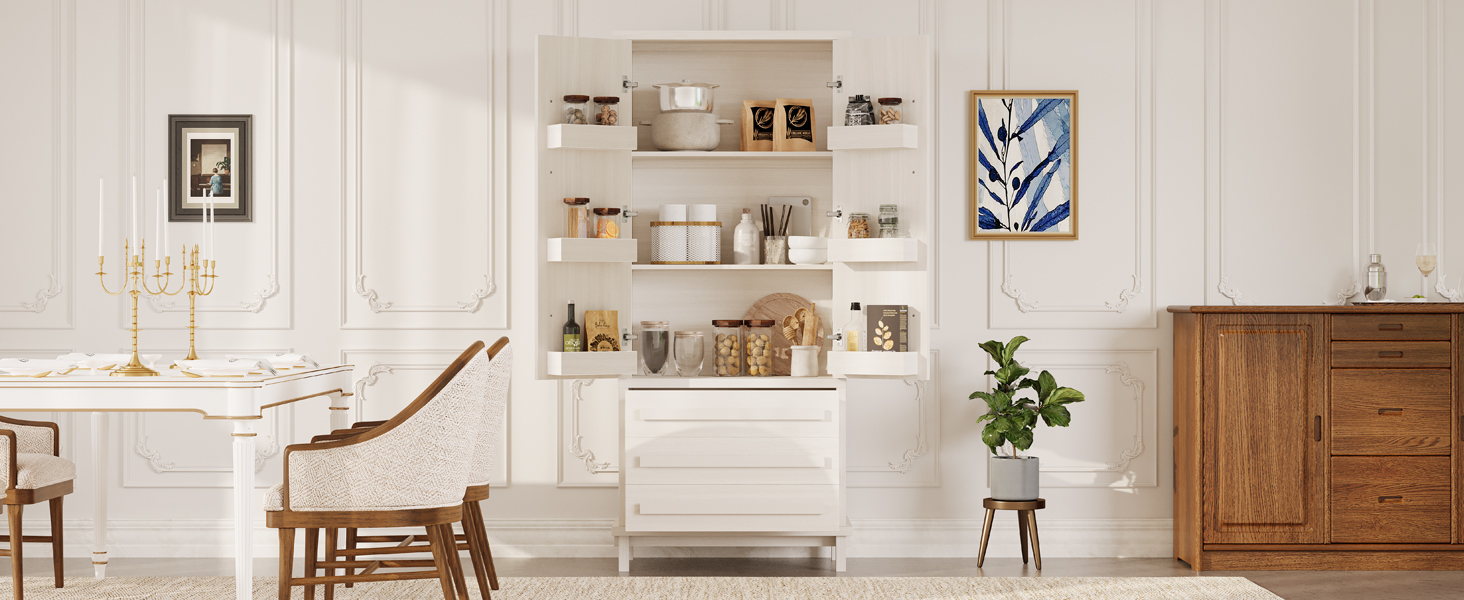 70" Kitchen Pantry Cabinet with 2 Cabinet Shelves,Luxurious Wooden Cupboard with 6 Door Shelves and 3 Drawers for Kitchen, Dining Room,White - Image 2