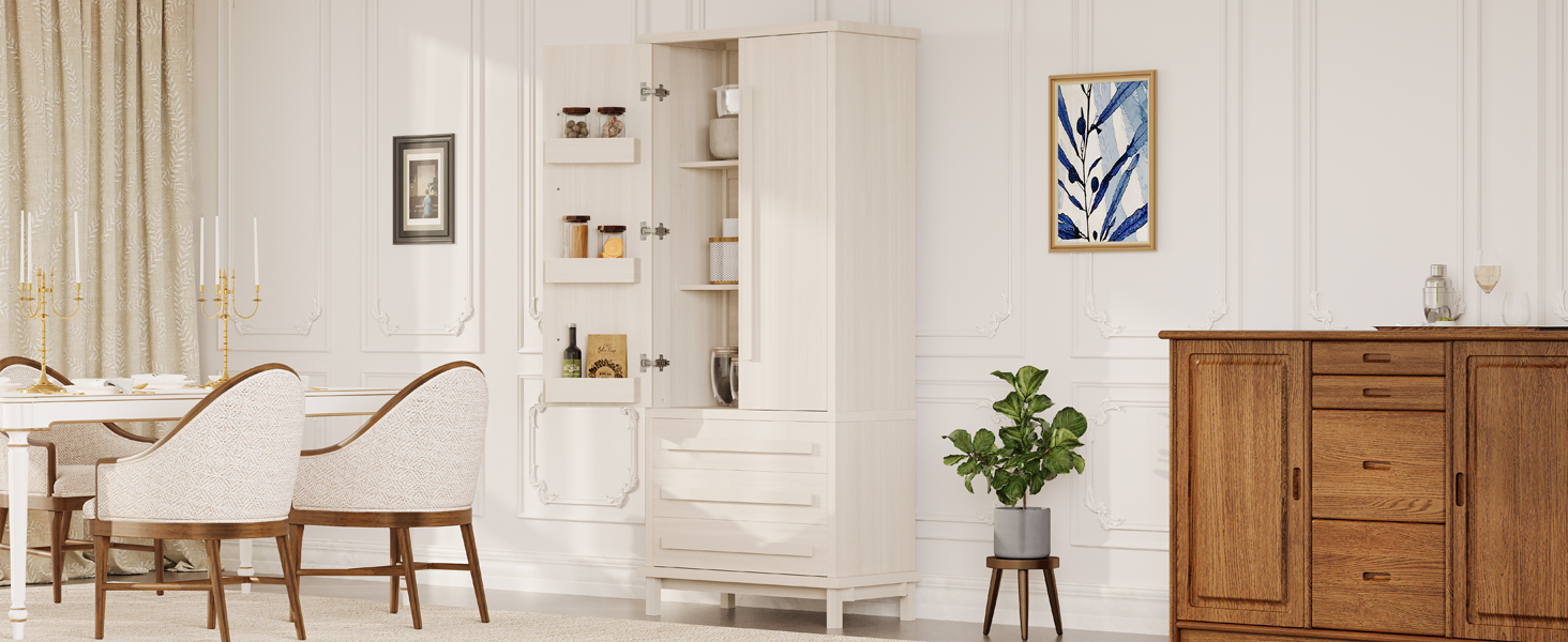 70" Kitchen Pantry Cabinet with 2 Cabinet Shelves,Luxurious Wooden Cupboard with 6 Door Shelves and 3 Drawers for Kitchen, Dining Room,White - Image 4