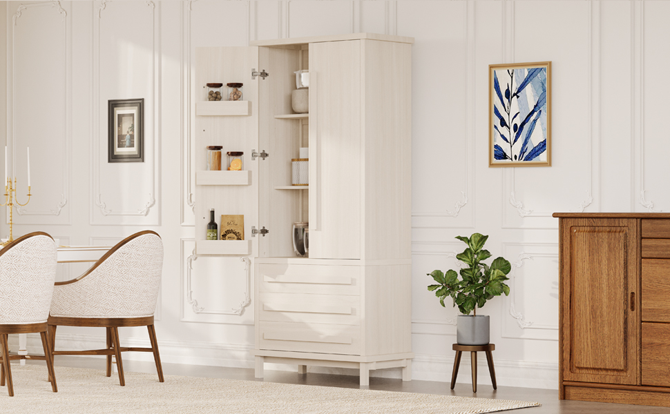 70" Kitchen Pantry Cabinet with 2 Cabinet Shelves,Luxurious Wooden Cupboard with 6 Door Shelves and 3 Drawers for Kitchen, Dining Room,White - Image 6