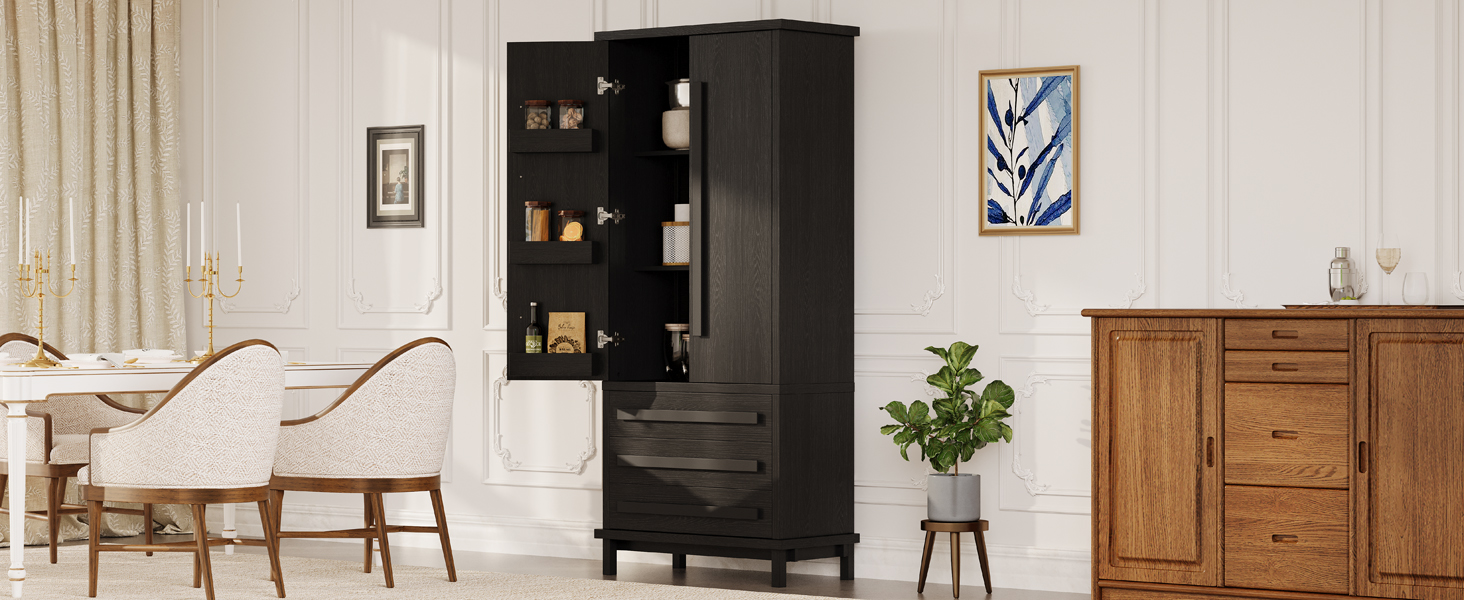 70" Kitchen Pantry Cabinet with 2 Cabinet Shelves,Luxurious Wooden Cupboard with 6 Door Shelves and 3 Drawers for Kitchen, Dining Room,Black - Image 2