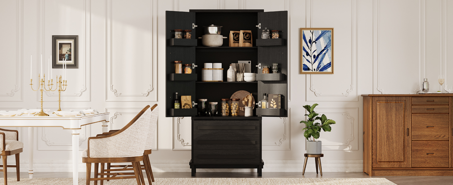 70" Kitchen Pantry Cabinet with 2 Cabinet Shelves,Luxurious Wooden Cupboard with 6 Door Shelves and 3 Drawers for Kitchen, Dining Room,Black - Image 3