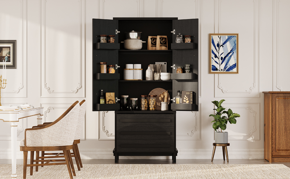 70" Kitchen Pantry Cabinet with 2 Cabinet Shelves,Luxurious Wooden Cupboard with 6 Door Shelves and 3 Drawers for Kitchen, Dining Room,Black - Image 5
