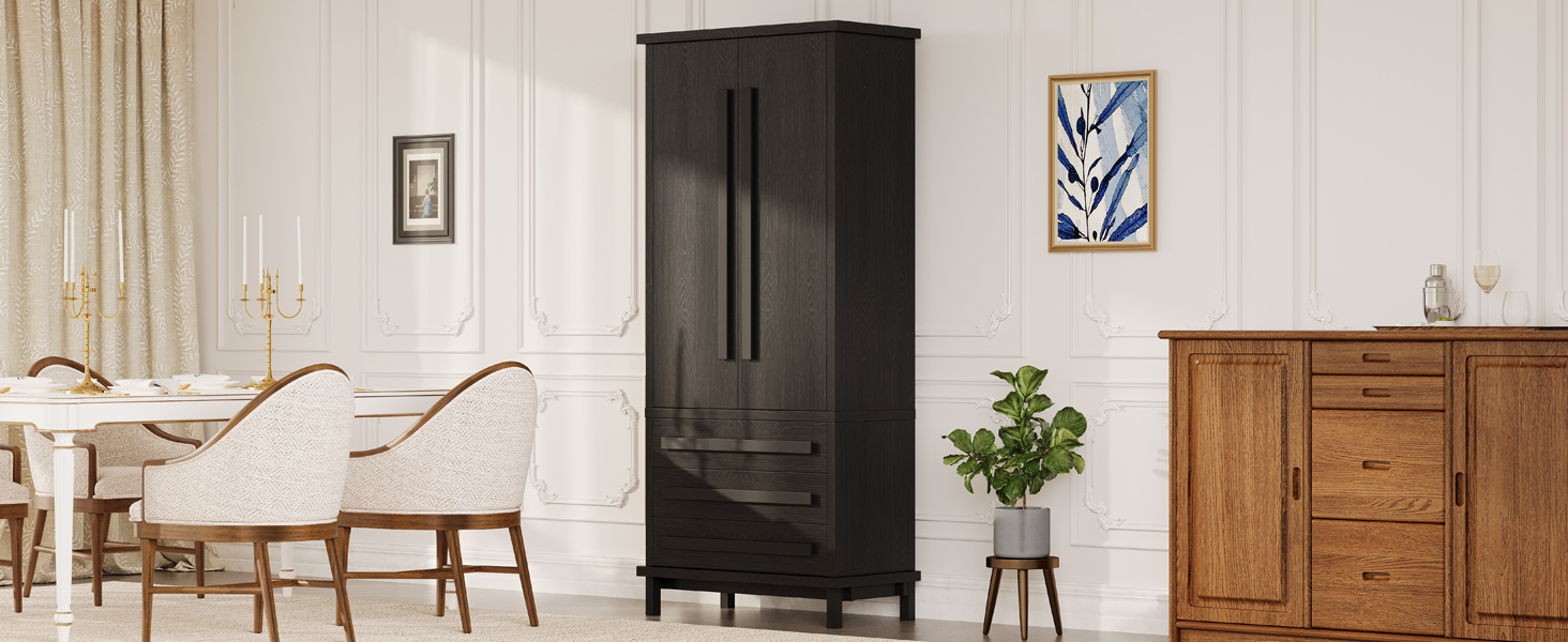 70" Kitchen Pantry Cabinet with 2 Cabinet Shelves,Luxurious Wooden Cupboard with 6 Door Shelves and 3 Drawers for Kitchen, Dining Room,Black - Image 4