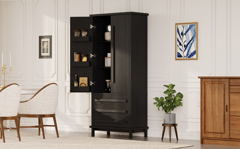 70" Kitchen Pantry Cabinet with 2 Cabinet Shelves,Luxurious Wooden Cupboard with 6 Door Shelves and 3 Drawers for Kitchen, Dining Room,Black - Image 6