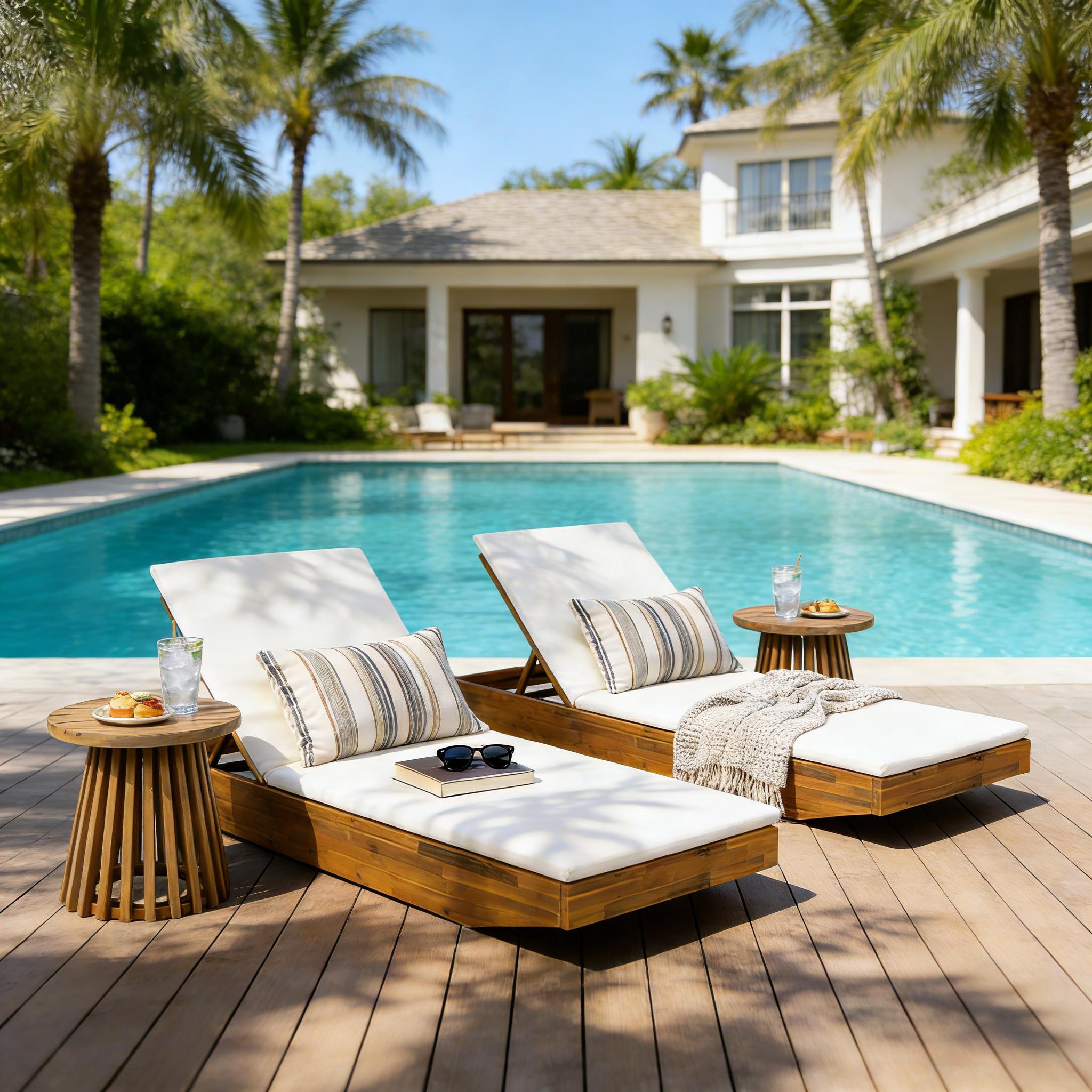 Acacia Wood Chaise Lounge with 2-Fold Thin Cushion - Teak Finish Outdoor Recliner with Cream Water-Repellent Cushion, 79.6" L x 29" W, 300 lbs - Image 5