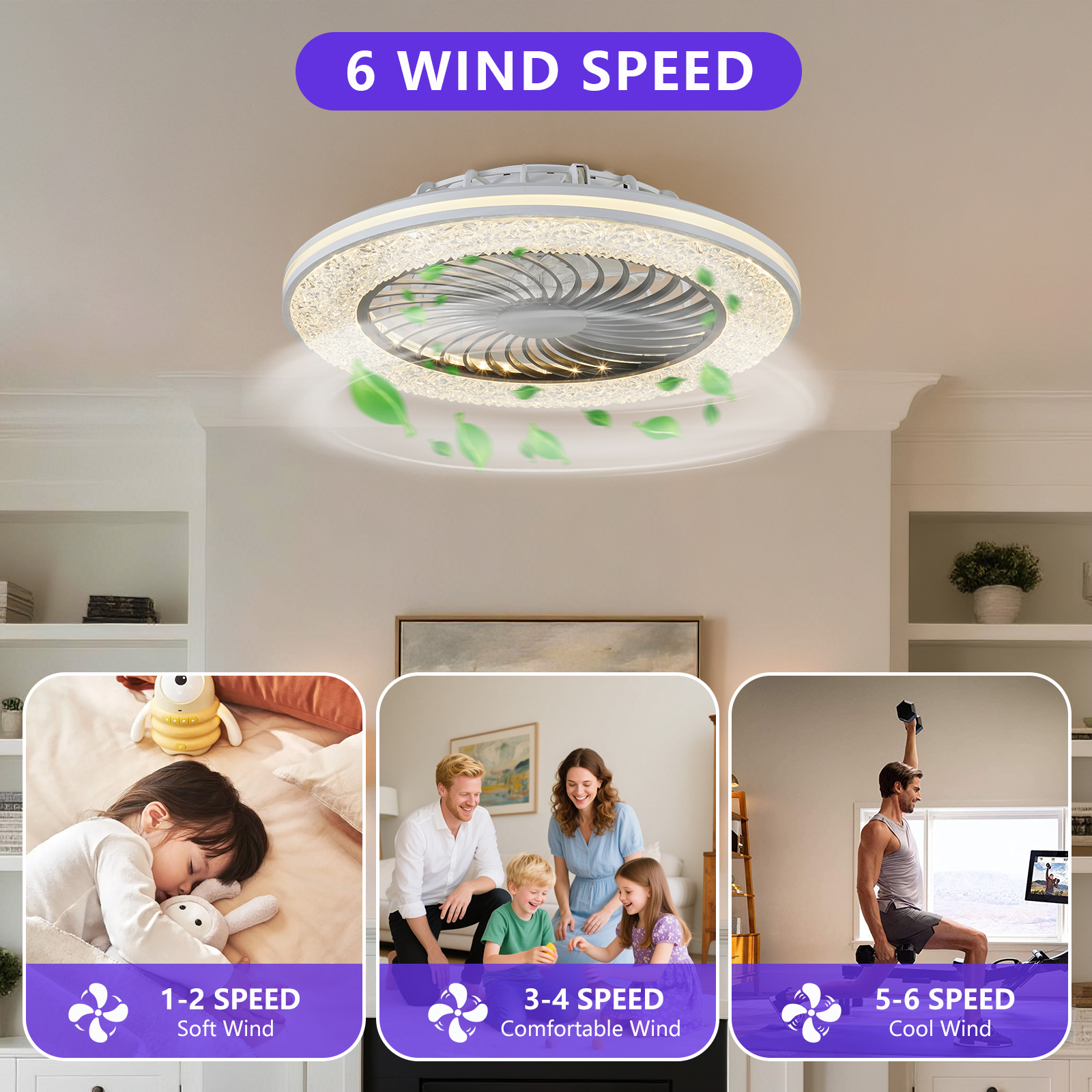 23 Inch Led Enclosed Ceiling Fans with Lights, RGB Bladeless Modern Ceiling Fan Low Profile for Living Room (23 Inch) - Image 2