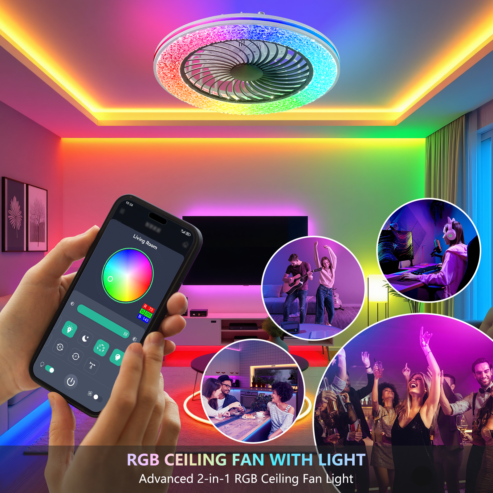 23 Inch Led Enclosed Ceiling Fans with Lights, RGB Bladeless Modern Ceiling Fan Low Profile for Living Room (23 Inch) - Image 3