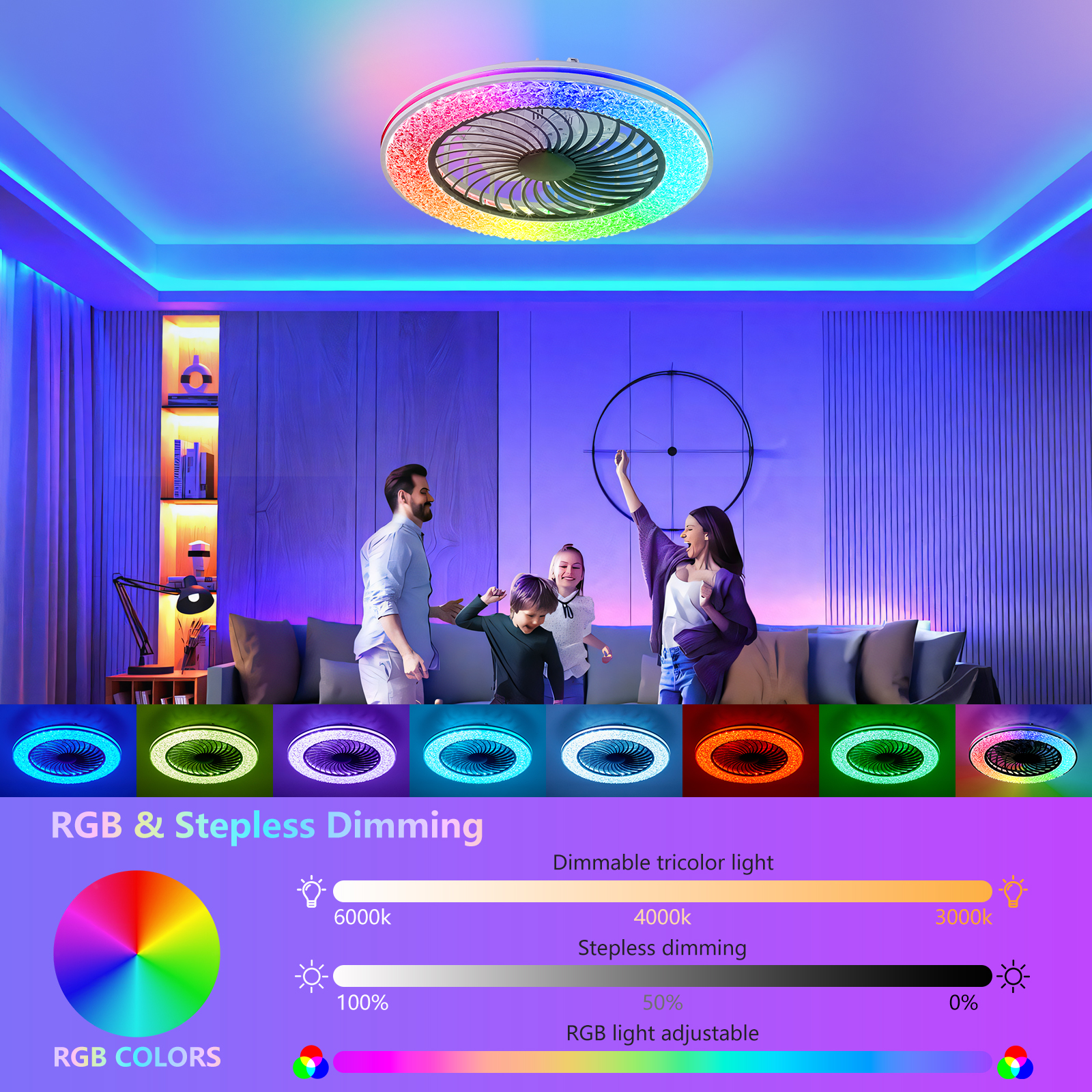 23 Inch Led Enclosed Ceiling Fans with Lights, RGB Bladeless Modern Ceiling Fan Low Profile for Living Room (23 Inch) - Image 6