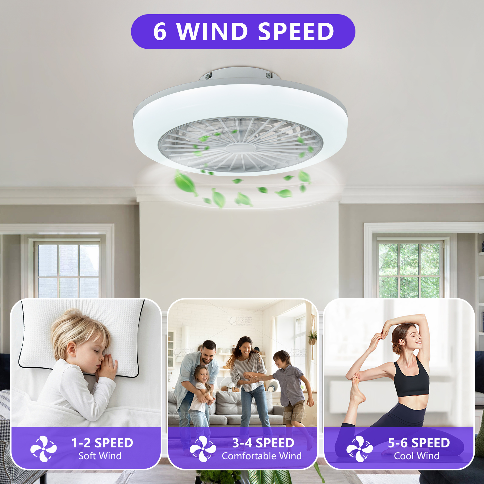 18 inch Ceiling Fan with RGB Light Remote, Smart LED Ceiling Fans with Remote/App Control, Modern Low Profile Dimmable Light Ceiling Fan for Bedroom Living Room White - Image 3