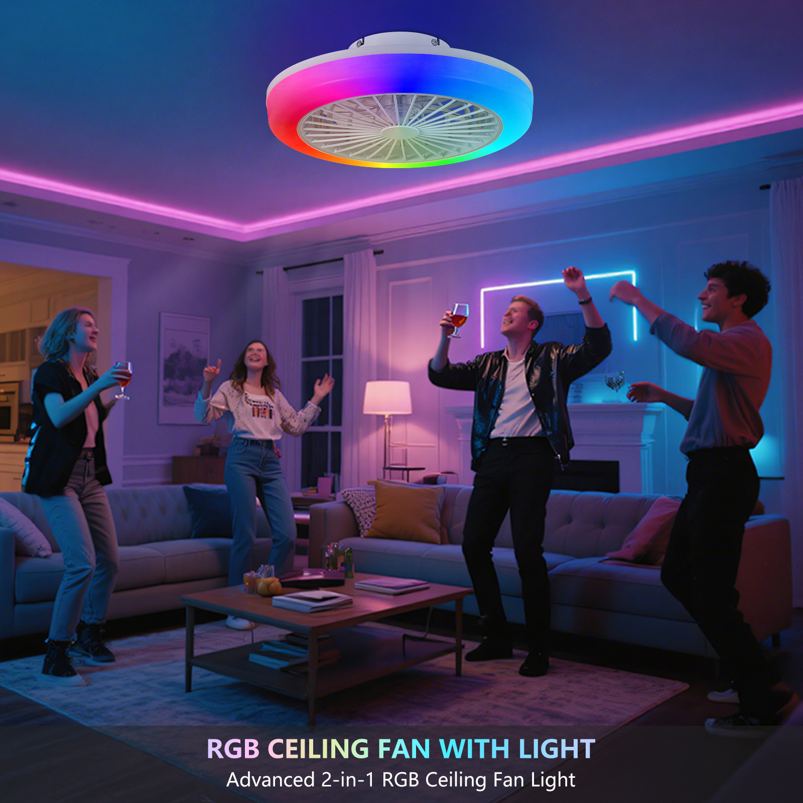 18 inch Ceiling Fan with RGB Light Remote, Smart LED Ceiling Fans with Remote/App Control, Modern Low Profile Dimmable Light Ceiling Fan for Bedroom Living Room White - Image 5