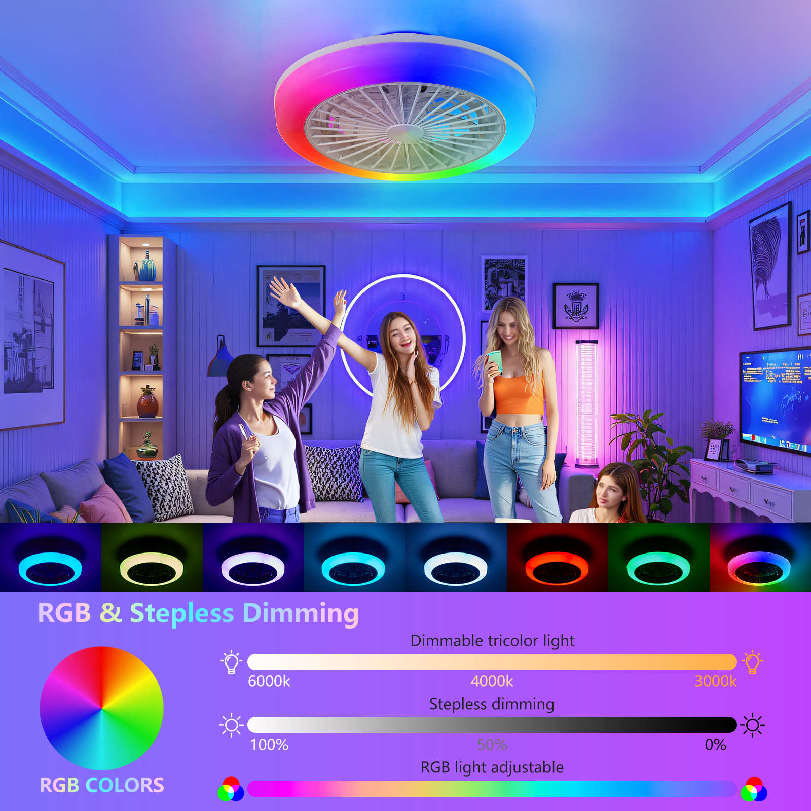 18 inch Ceiling Fan with RGB Light Remote, Smart LED Ceiling Fans with Remote/App Control, Modern Low Profile Dimmable Light Ceiling Fan for Bedroom Living Room White - Image 6