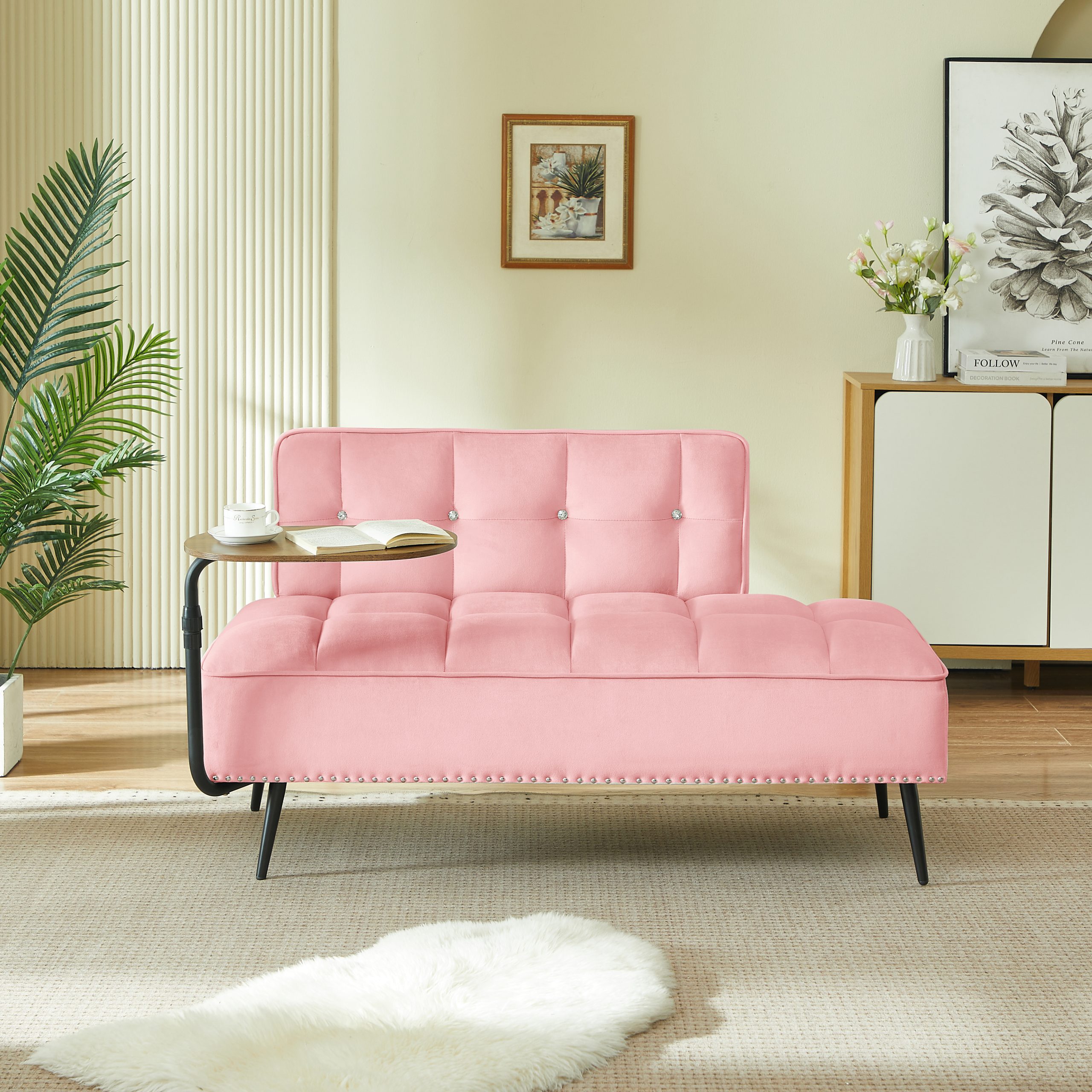 54-Inch Modern Two-Seater Velvet Sofa with Backrest & 360° Rotating Side Table – Entryway Ottoman, Multi-Use Bench, Office Desk and Chair Set, Space-Saving Design for Living Room, Bedroom, Apartment - Image 2