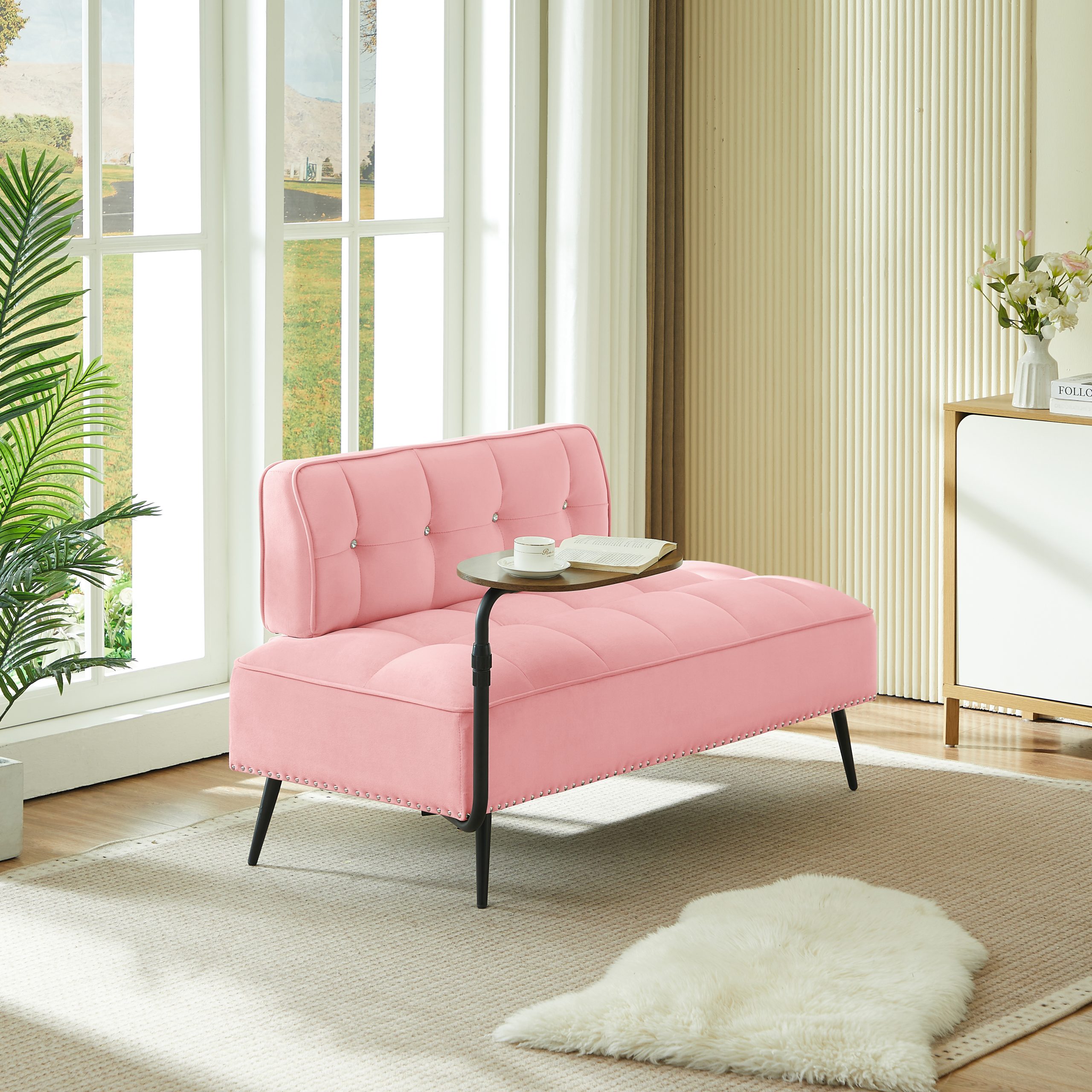 54-Inch Modern Two-Seater Velvet Sofa with Backrest & 360° Rotating Side Table – Entryway Ottoman, Multi-Use Bench, Office Desk and Chair Set, Space-Saving Design for Living Room, Bedroom, Apartment - Image 5