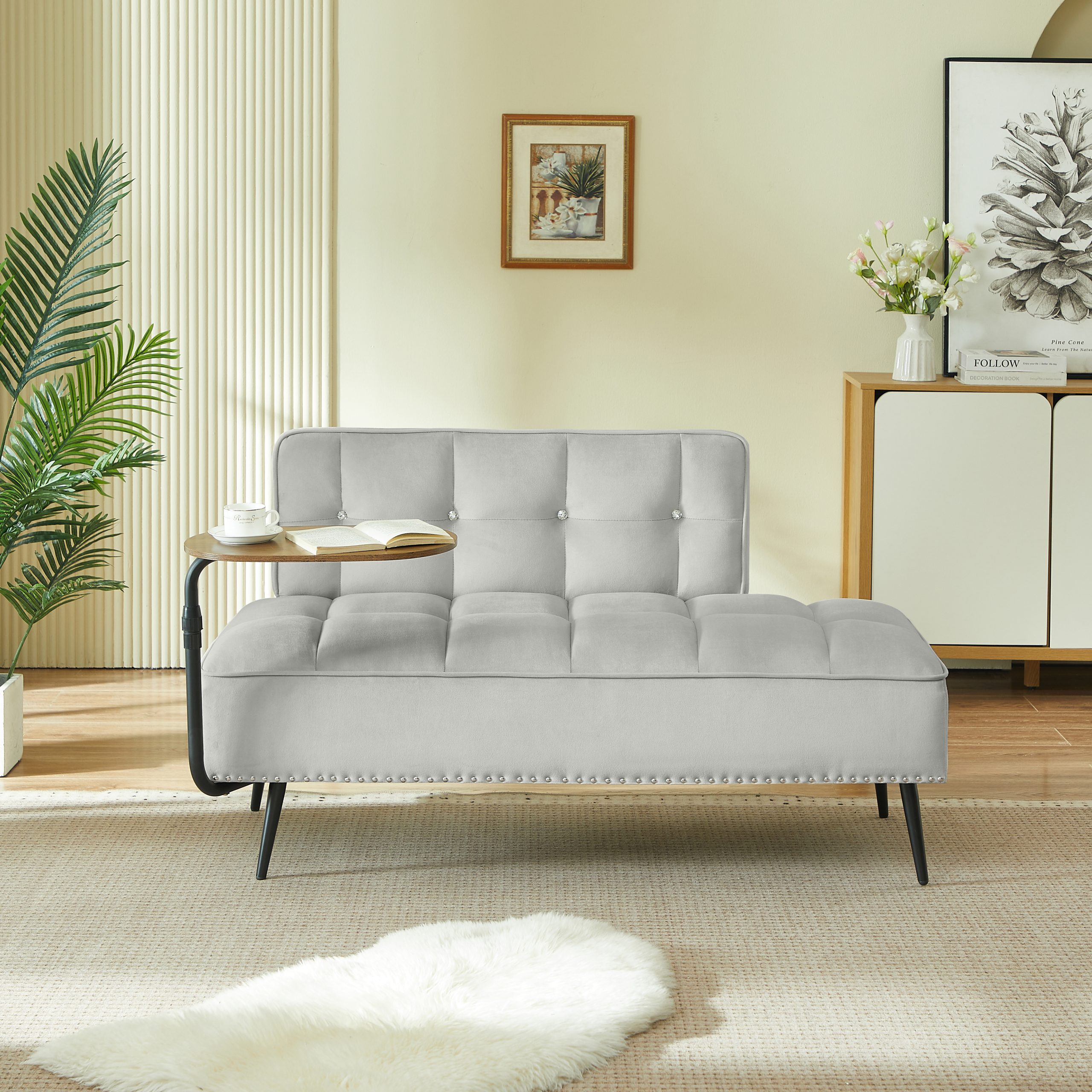 54-Inch Modern Two-Seater Velvet Sofa with Backrest & 360° Rotating Side Table – Entryway Ottoman, Multi-Use Bench, Office Desk and Chair Set, Space-Saving Design for Living Room, Bedroom, Apartment - Image 2