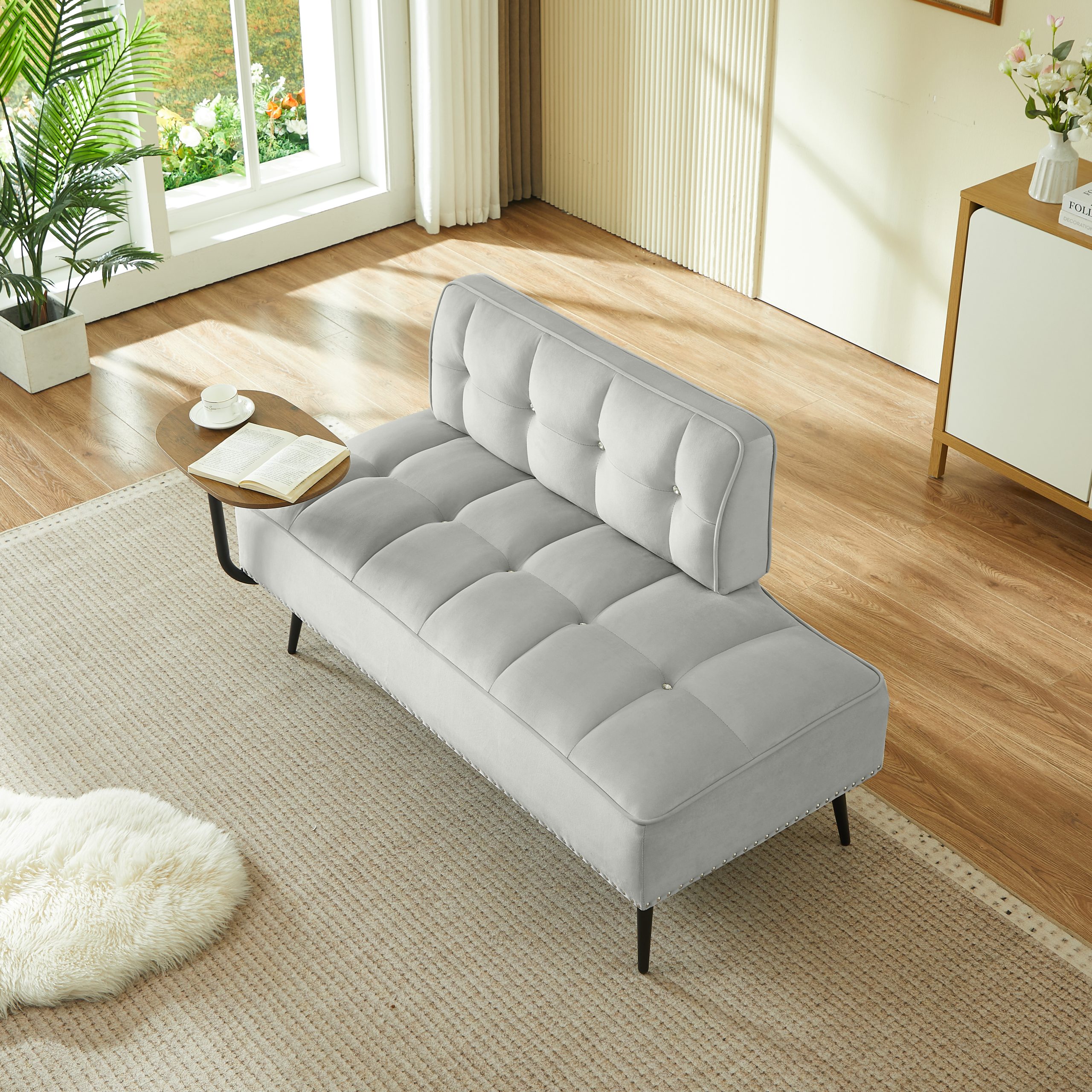 54-Inch Modern Two-Seater Velvet Sofa with Backrest & 360° Rotating Side Table – Entryway Ottoman, Multi-Use Bench, Office Desk and Chair Set, Space-Saving Design for Living Room, Bedroom, Apartment - Image 5