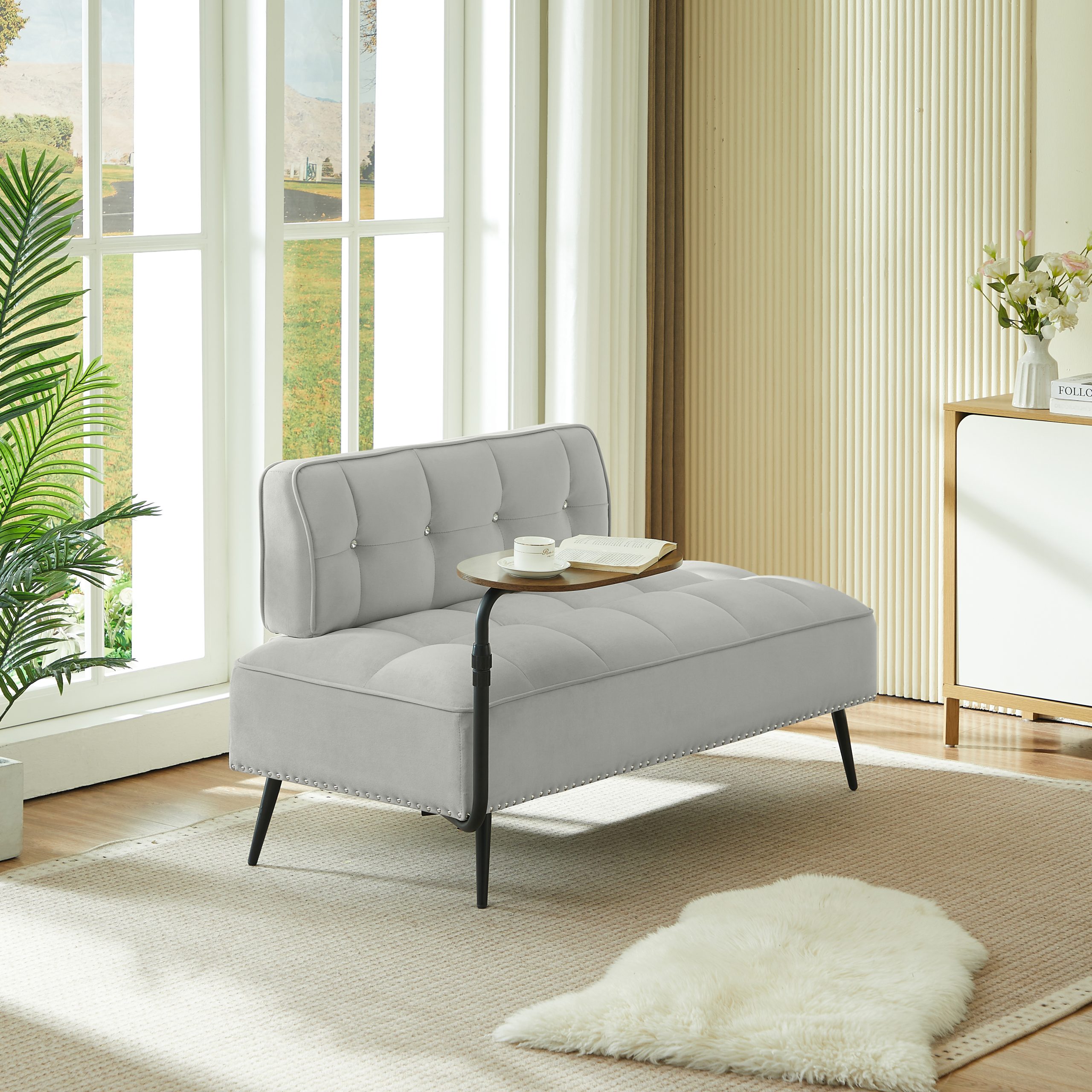 54-Inch Modern Two-Seater Velvet Sofa with Backrest & 360° Rotating Side Table – Entryway Ottoman, Multi-Use Bench, Office Desk and Chair Set, Space-Saving Design for Living Room, Bedroom, Apartment - Image 6
