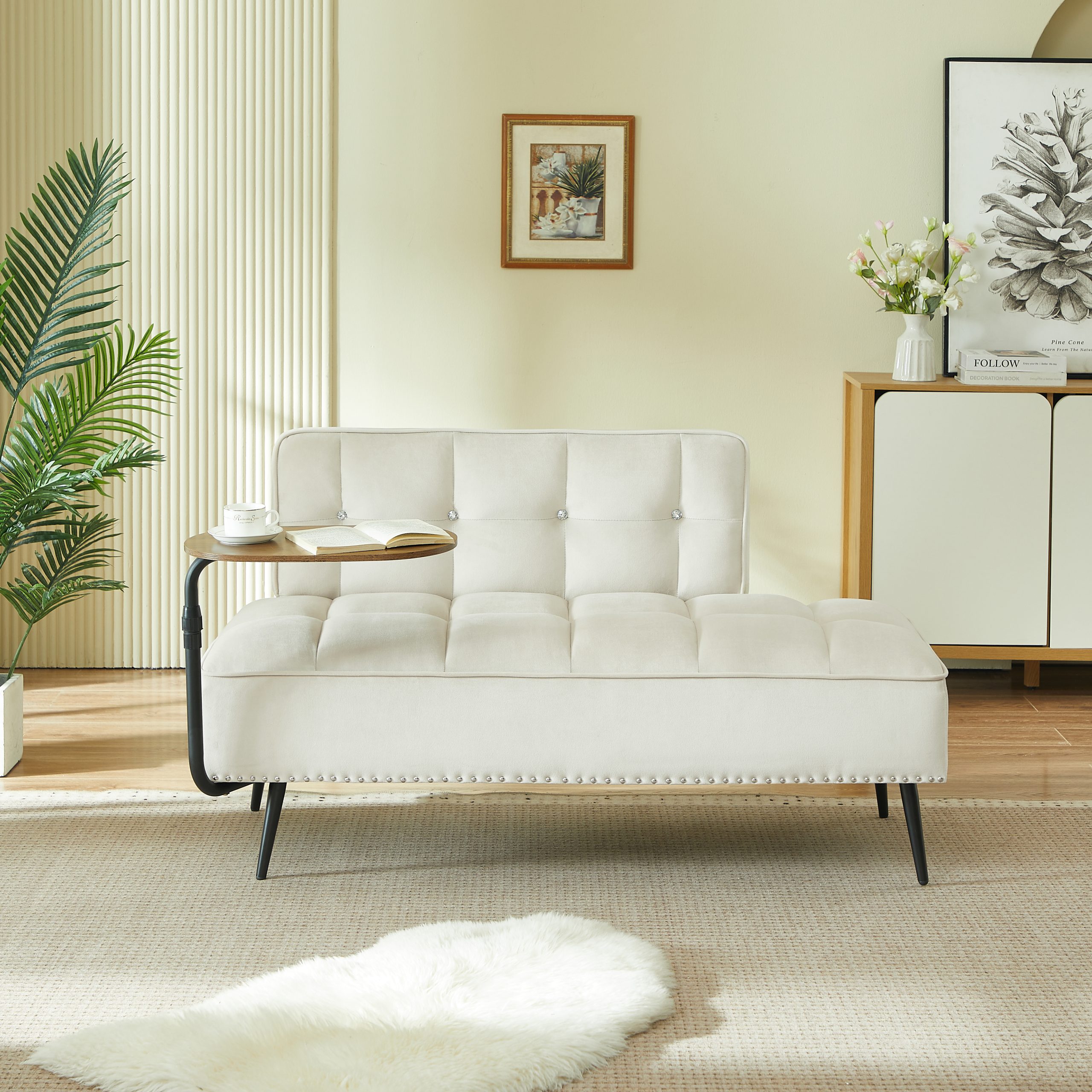 54-Inch Modern Two-Seater Velvet Sofa with Backrest & 360° Rotating Side Table – Entryway Ottoman, Multi-Use Bench, Office Desk and Chair Set, Space-Saving Design for Living Room, Bedroom, Apartment - Image 2