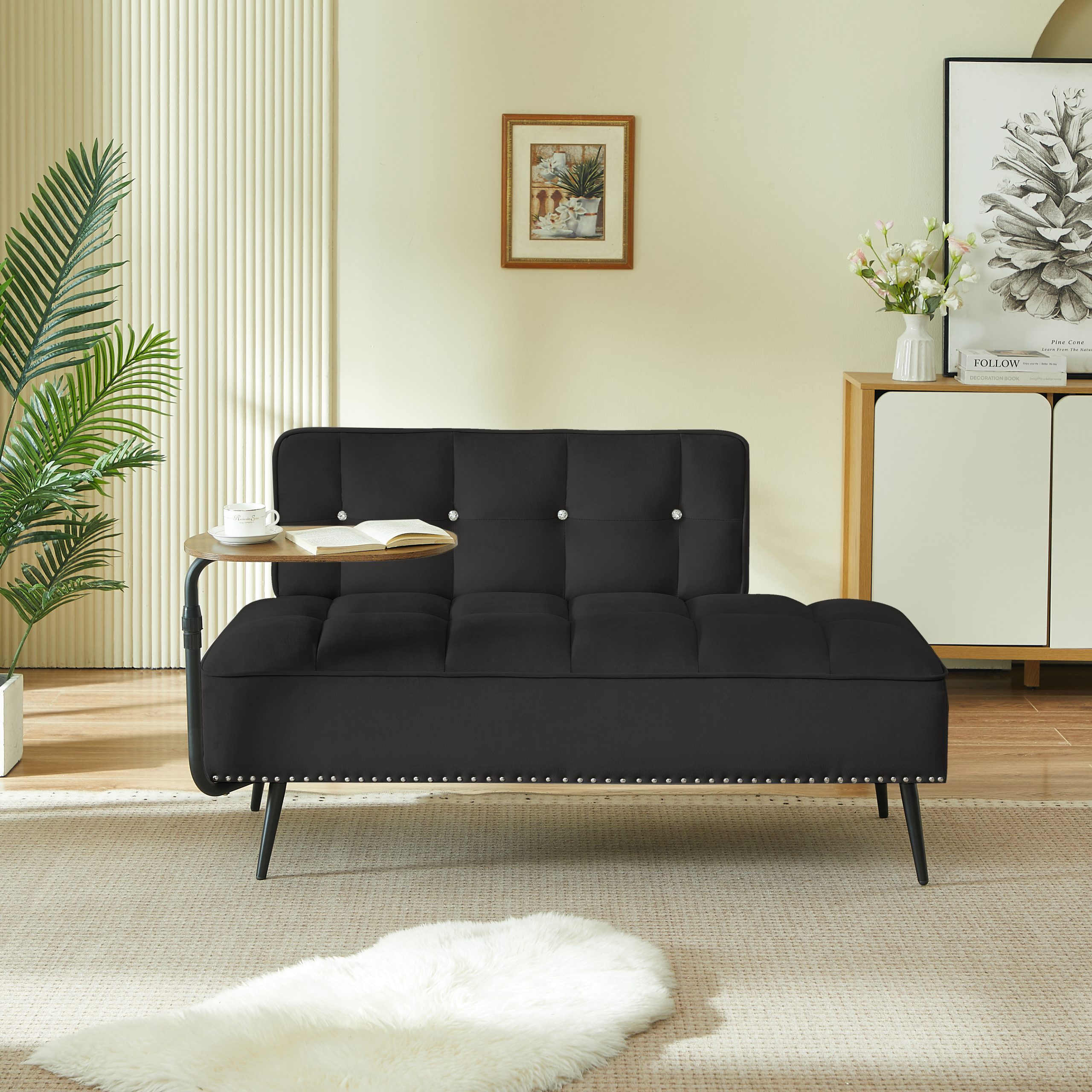 54-Inch Modern Two-Seater Velvet Sofa with Backrest & 360° Rotating Side Table – Entryway Ottoman, Multi-Use Bench, Office Desk and Chair Set, Space-Saving Design for Living Room, Bedroom, Apartment - Image 2