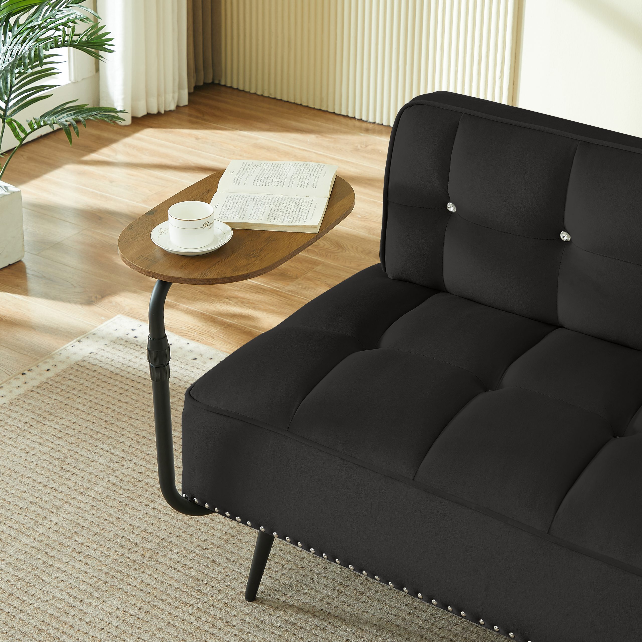 54-Inch Modern Two-Seater Velvet Sofa with Backrest & 360° Rotating Side Table – Entryway Ottoman, Multi-Use Bench, Office Desk and Chair Set, Space-Saving Design for Living Room, Bedroom, Apartment - Image 3