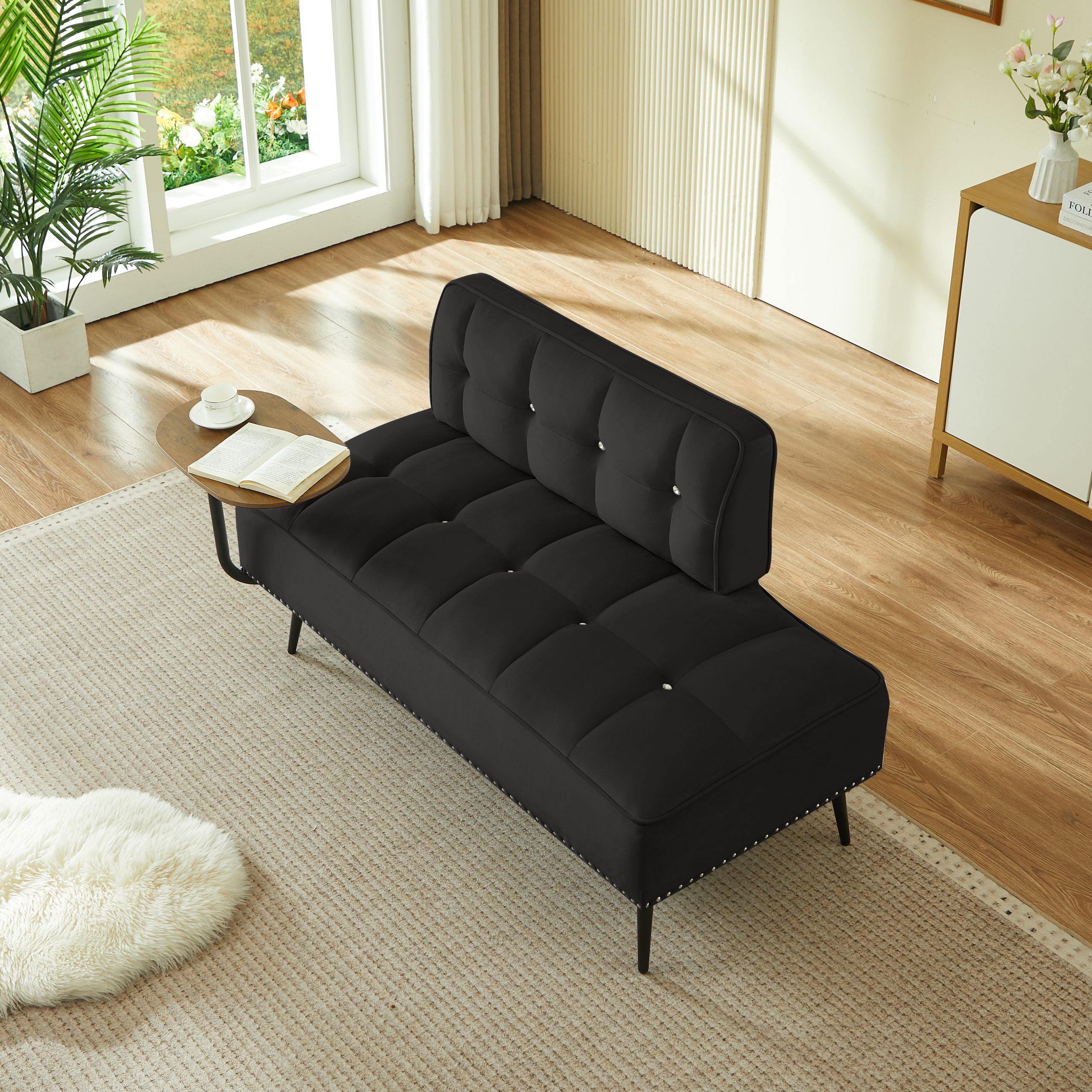 54-Inch Modern Two-Seater Velvet Sofa with Backrest & 360° Rotating Side Table – Entryway Ottoman, Multi-Use Bench, Office Desk and Chair Set, Space-Saving Design for Living Room, Bedroom, Apartment - Image 5