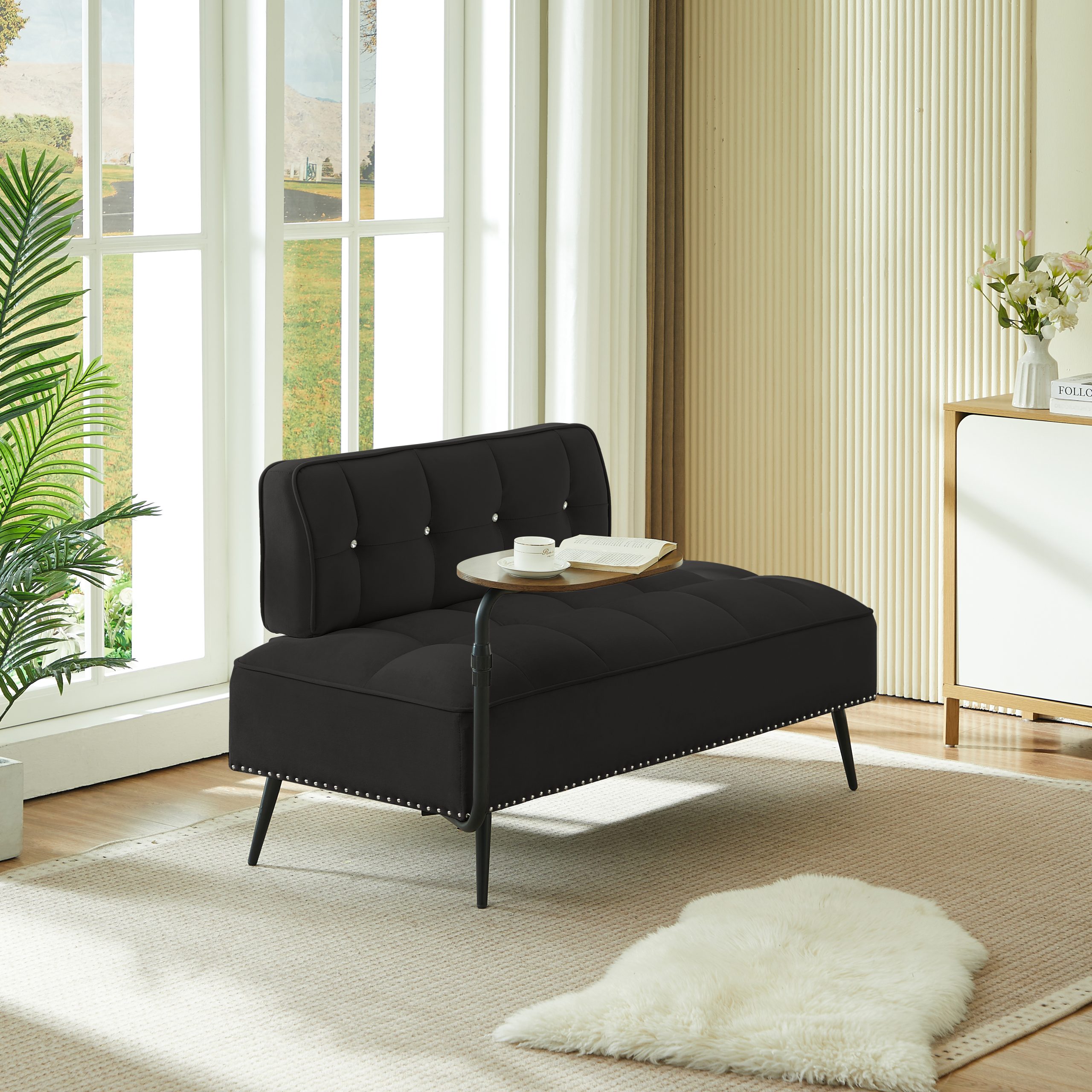 54-Inch Modern Two-Seater Velvet Sofa with Backrest & 360° Rotating Side Table – Entryway Ottoman, Multi-Use Bench, Office Desk and Chair Set, Space-Saving Design for Living Room, Bedroom, Apartment - Image 6