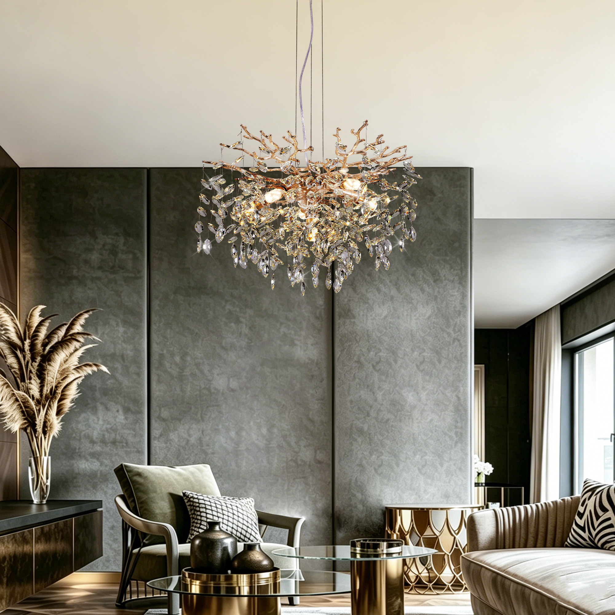 Modern Tree Branch Crystal Chandelier Luxury Gold Crystal Pendant Lighting 23.6" Contemporary 6-Light Chandeliers for Dining Room Kitchen Bedroom Living Room - Image 2