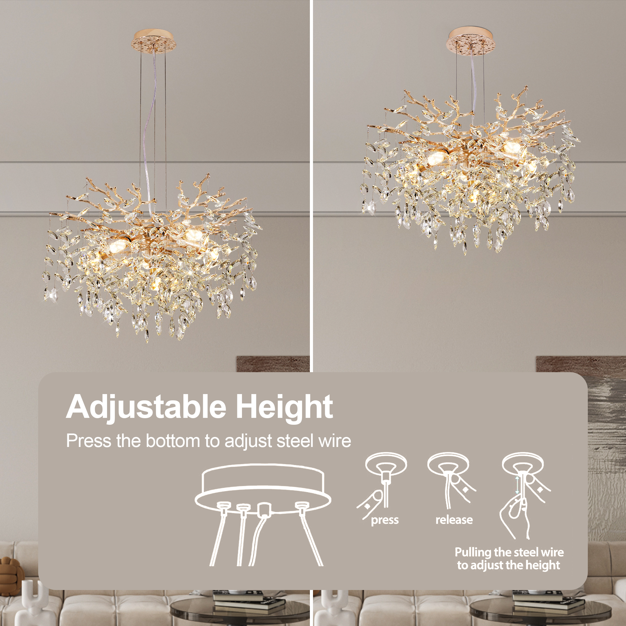 Modern Tree Branch Crystal Chandelier Luxury Gold Crystal Pendant Lighting 23.6" Contemporary 6-Light Chandeliers for Dining Room Kitchen Bedroom Living Room - Image 4