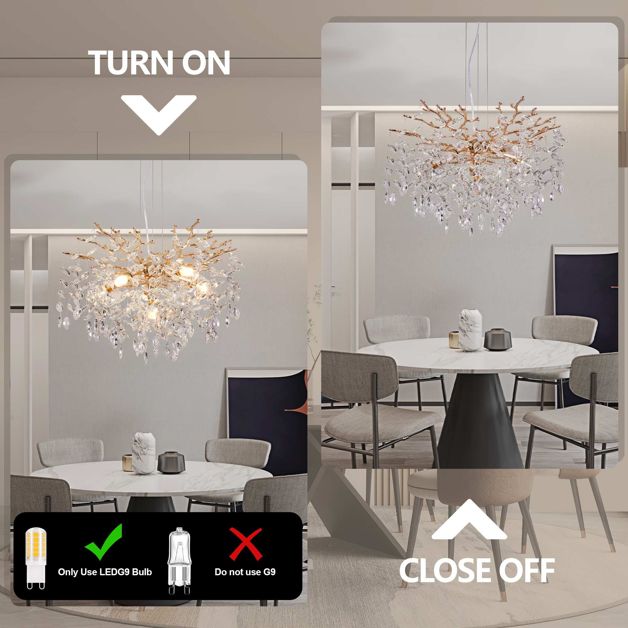 Modern Tree Branch Crystal Chandelier Luxury Gold Crystal Pendant Lighting 23.6" Contemporary 6-Light Chandeliers for Dining Room Kitchen Bedroom Living Room - Image 5