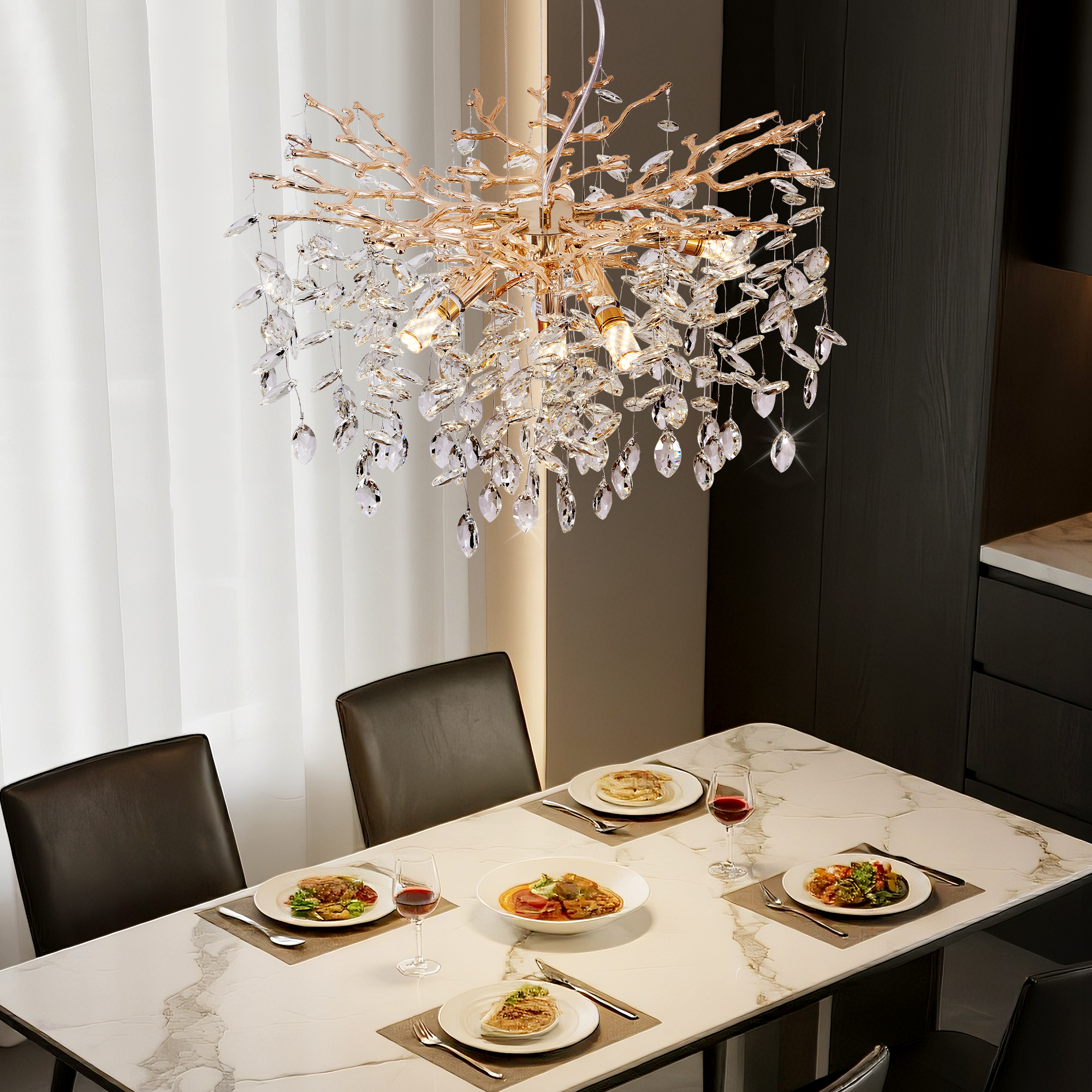 Modern Tree Branch Crystal Chandelier Luxury Gold Crystal Pendant Lighting 23.6" Contemporary 6-Light Chandeliers for Dining Room Kitchen Bedroom Living Room - Image 6