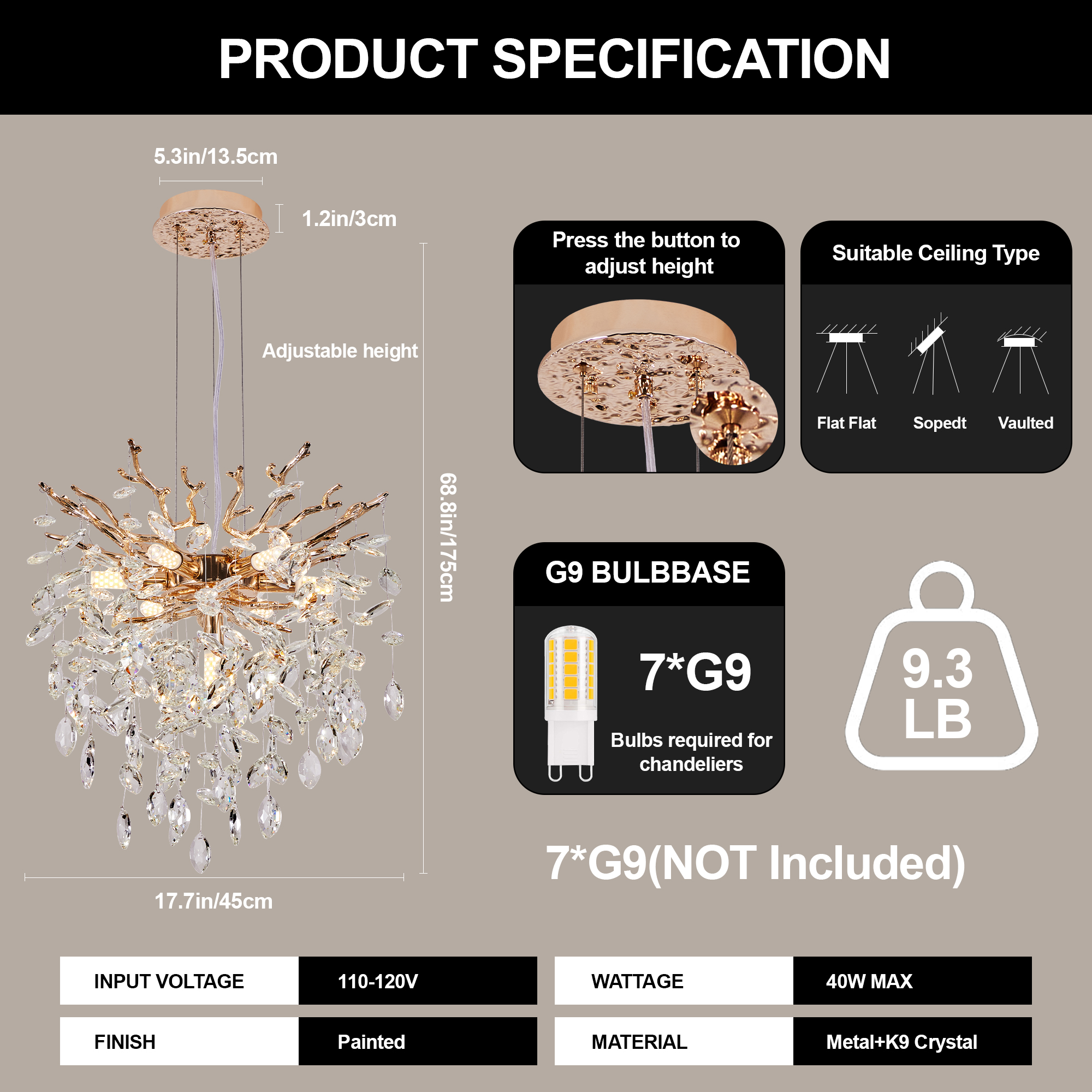 Modern Tree Branch Crystal Chandelier Luxury Gold Crystal Pendant Lighting 18" Contemporary 7-Light Chandeliers for Dining Room Kitchen Bedroom Living Room - Image 6