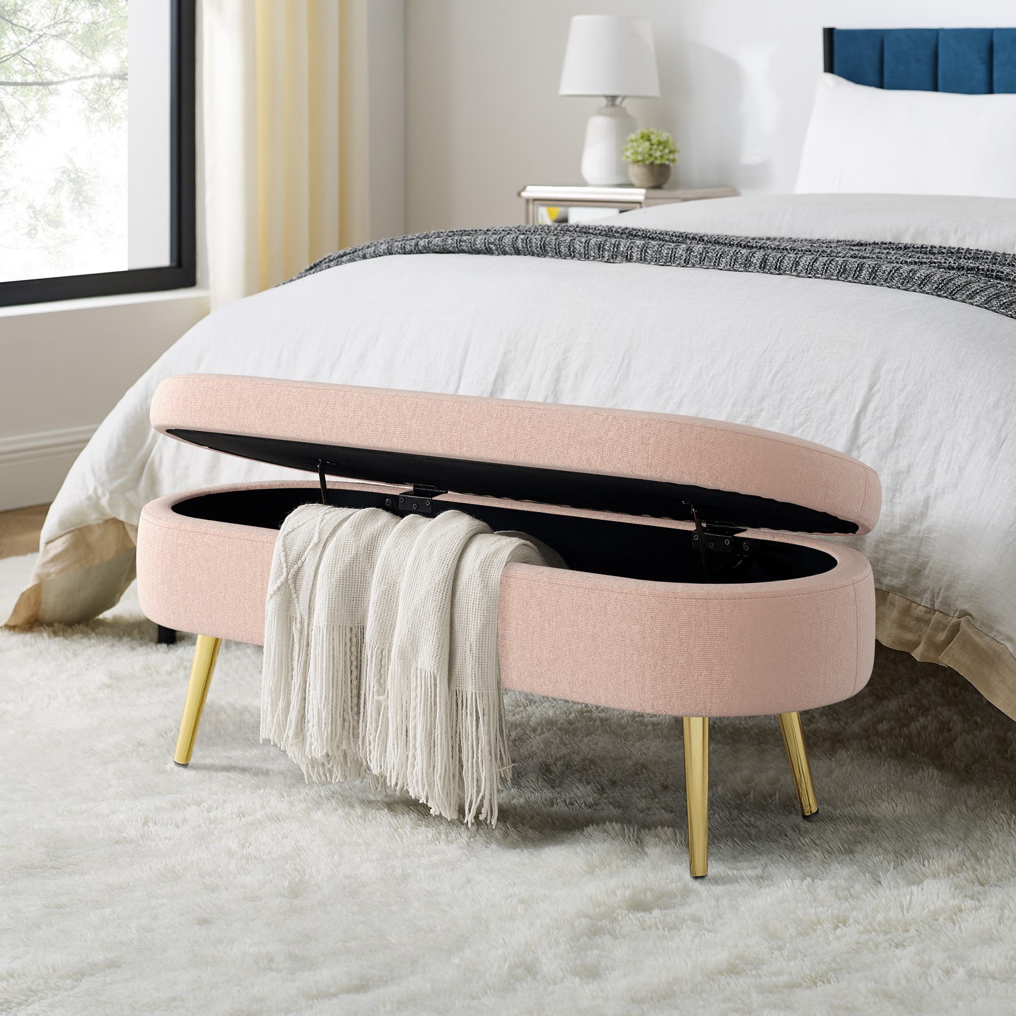 Ottoman Oval Storage Bench, Flannel with Metal Legs-Pink(43.5"x16"x16") - Image 2