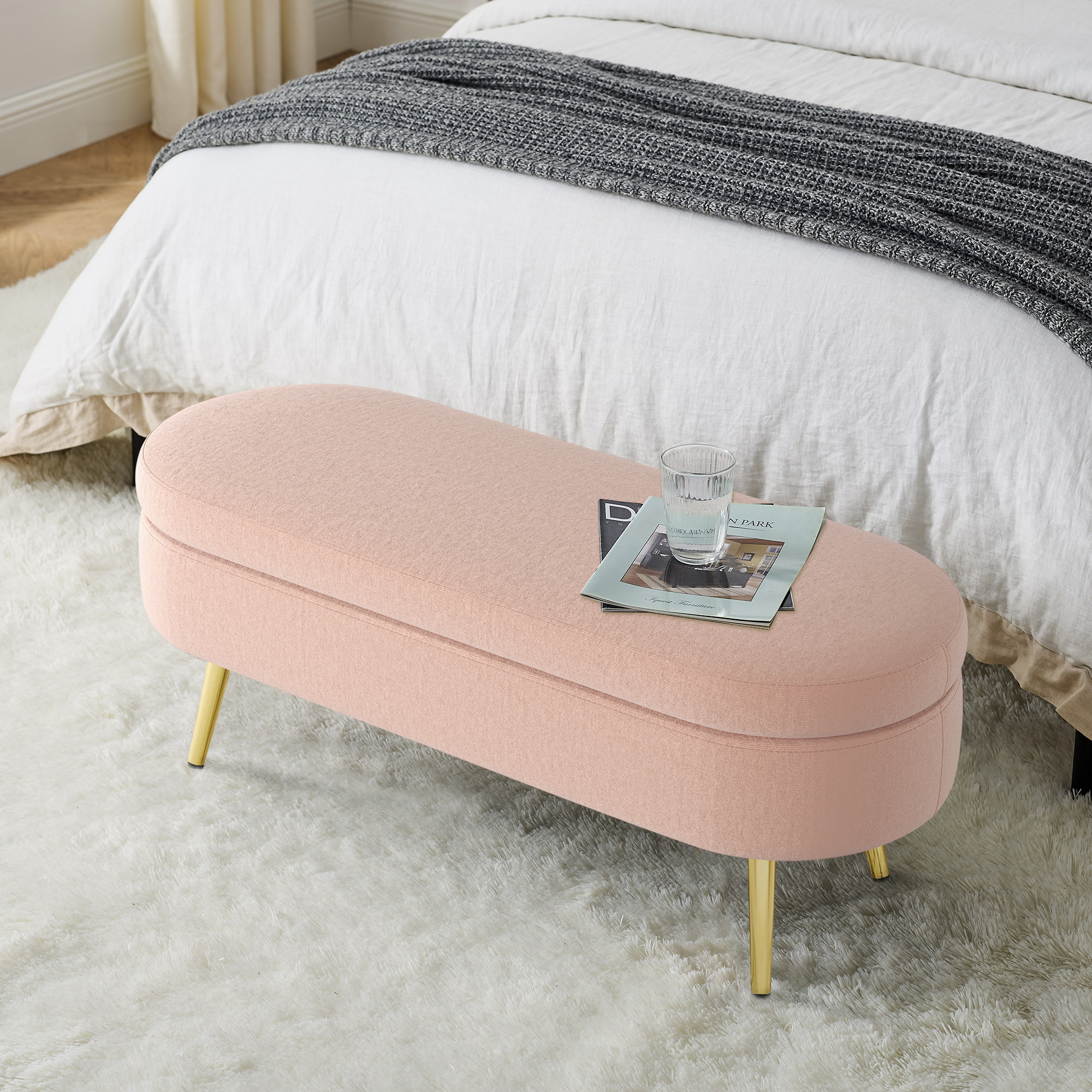 Ottoman Oval Storage Bench, Flannel with Metal Legs-Pink(43.5"x16"x16") - Image 3