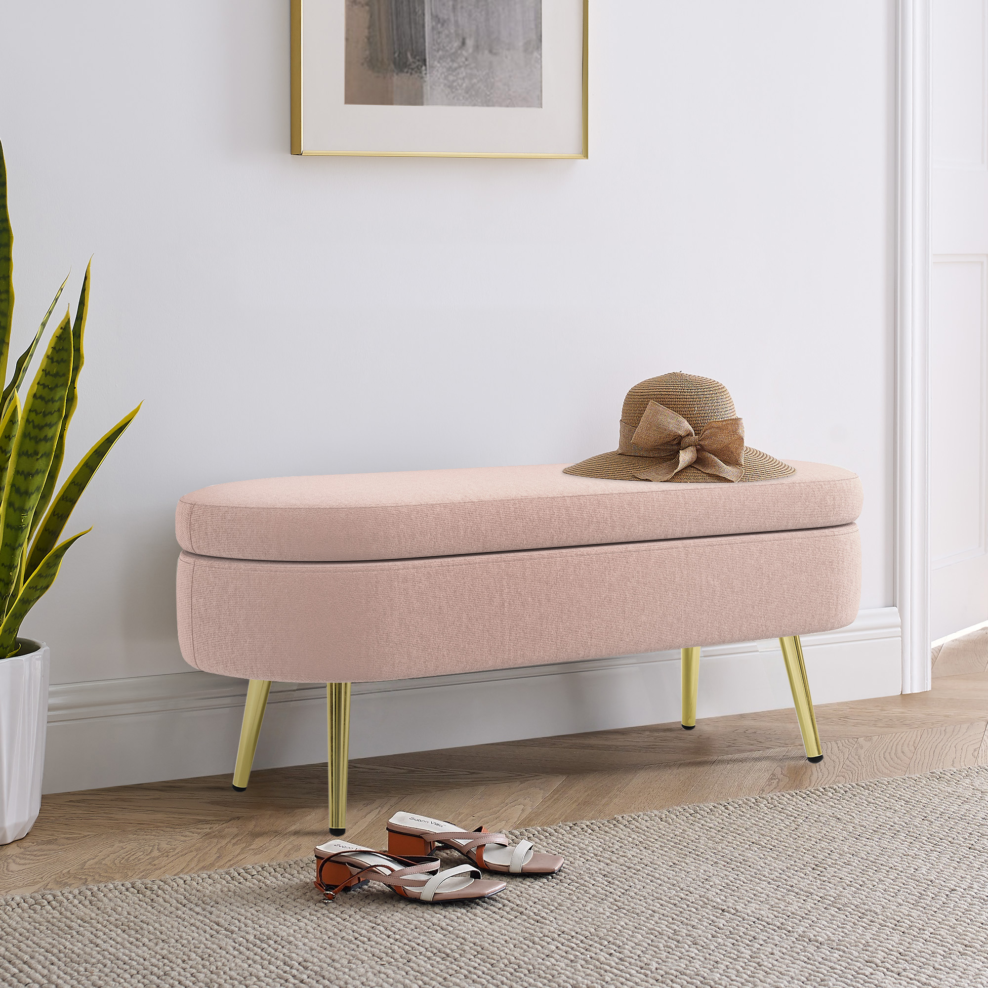 Ottoman Oval Storage Bench, Flannel with Metal Legs-Pink(43.5"x16"x16") - Image 5