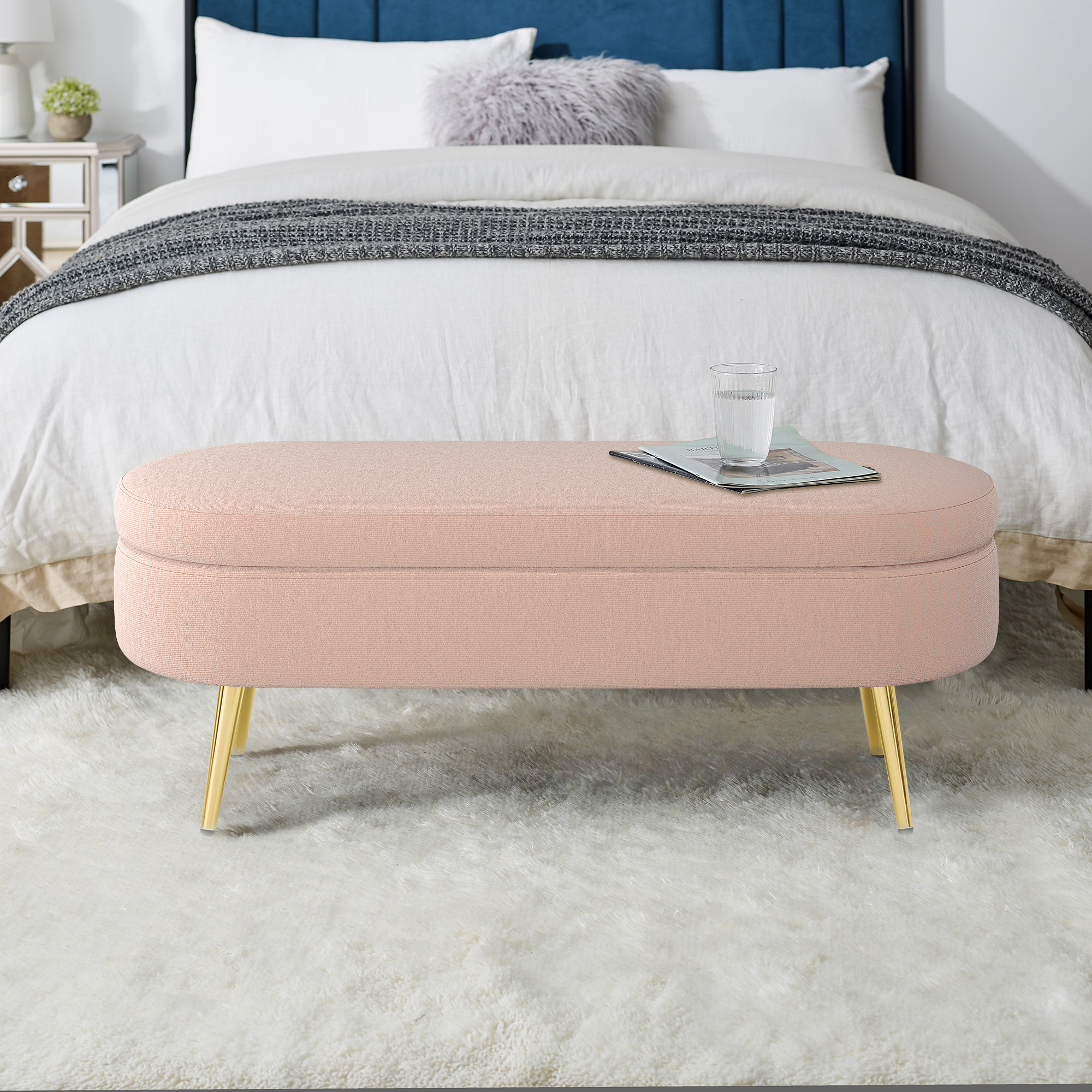 Ottoman Oval Storage Bench, Flannel with Metal Legs-Pink(43.5"x16"x16") - Image 4