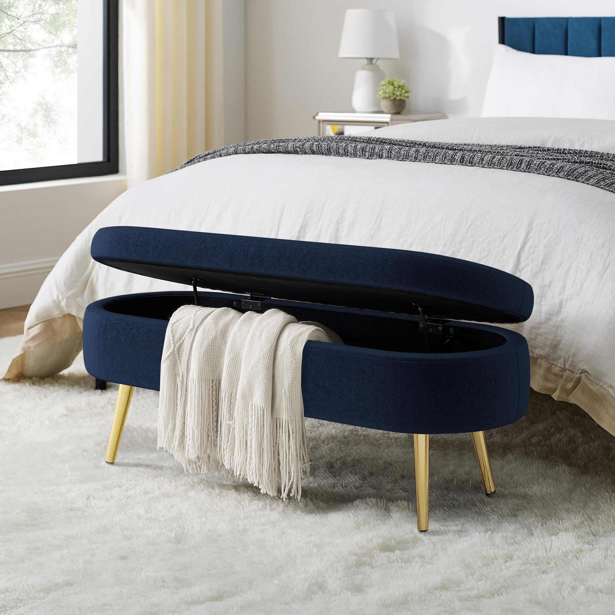 Ottoman Oval Storage Bench, Flannel with Metal Legs-Dark Blue(43.5"x16"x16") - Image 2