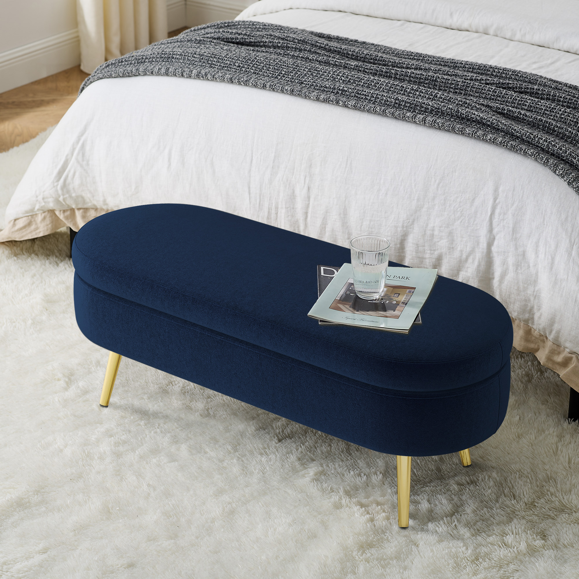 Ottoman Oval Storage Bench, Flannel with Metal Legs-Dark Blue(43.5"x16"x16") - Image 3