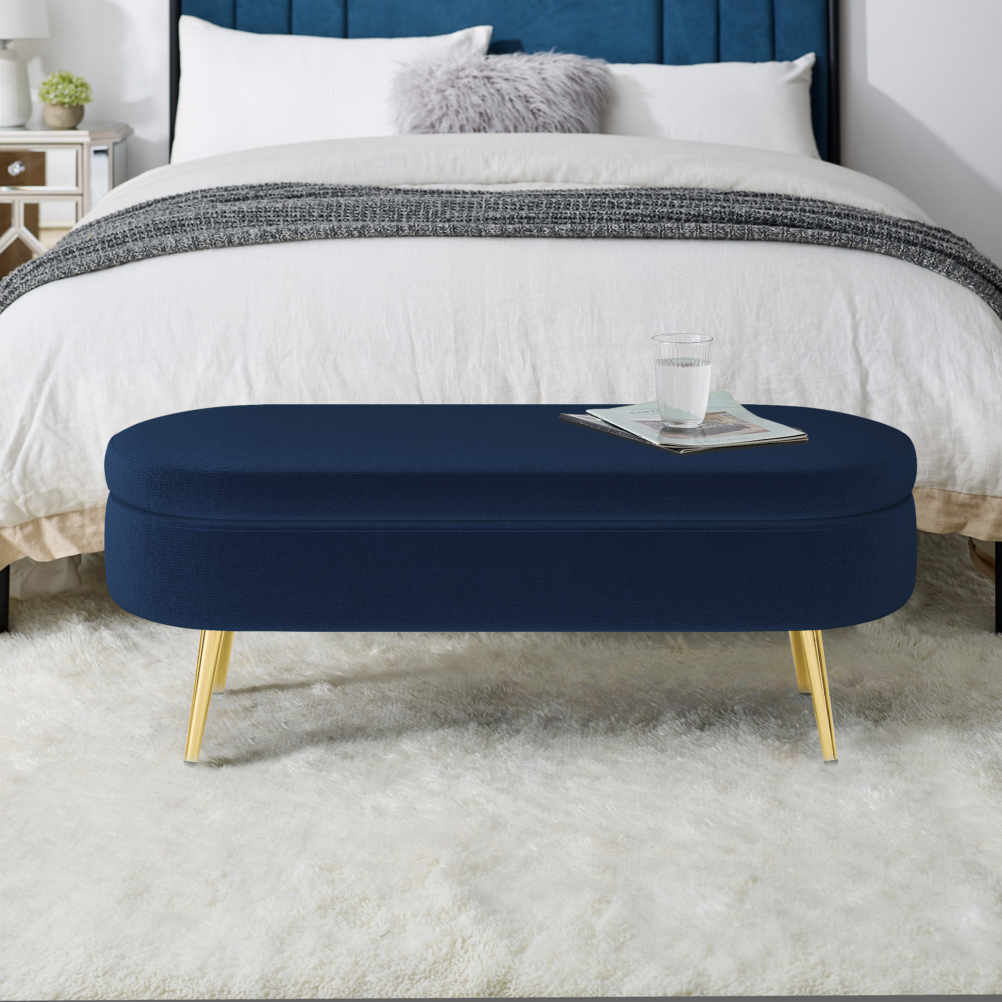Ottoman Oval Storage Bench, Flannel with Metal Legs-Dark Blue(43.5"x16"x16") - Image 4