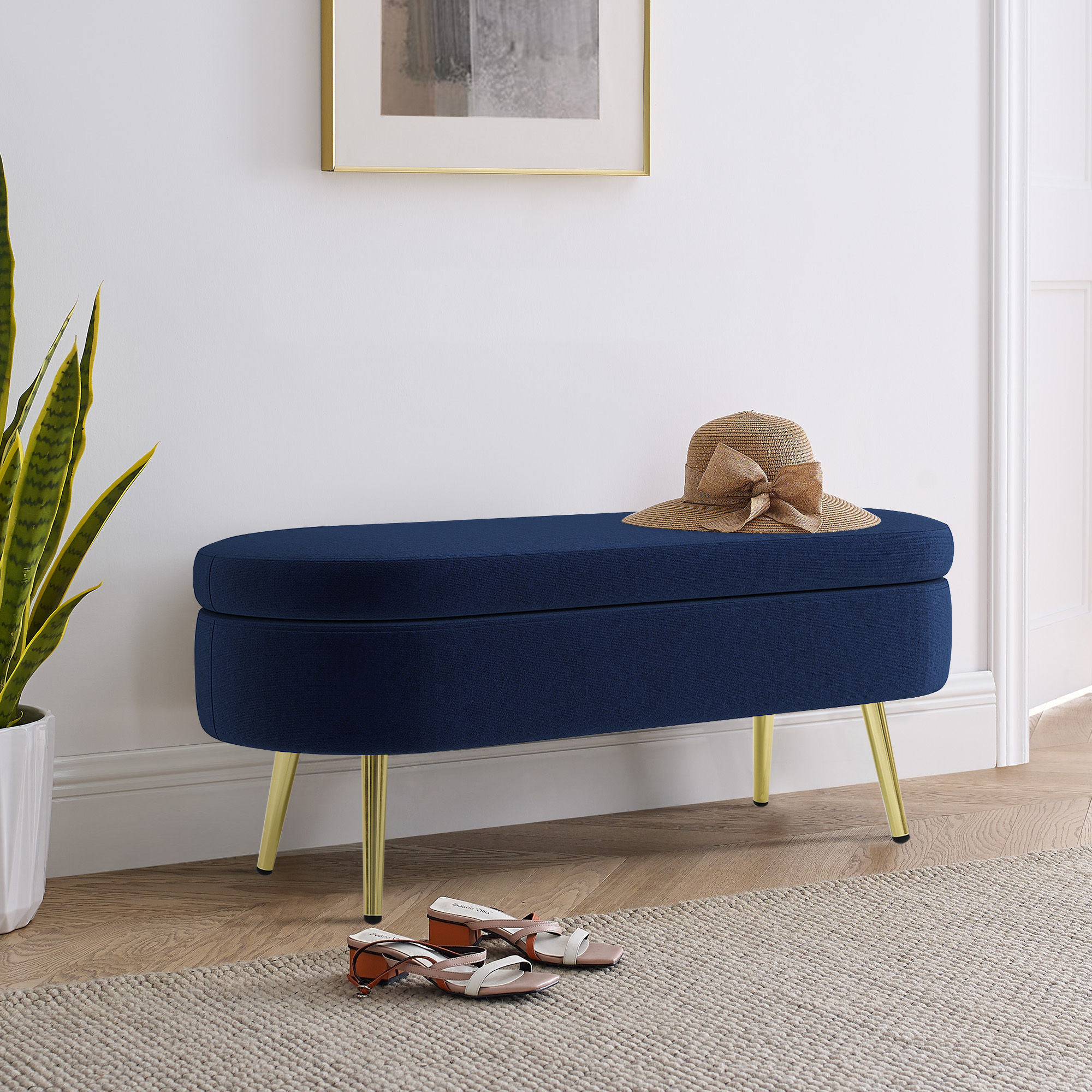 Ottoman Oval Storage Bench, Flannel with Metal Legs-Dark Blue(43.5"x16"x16") - Image 5