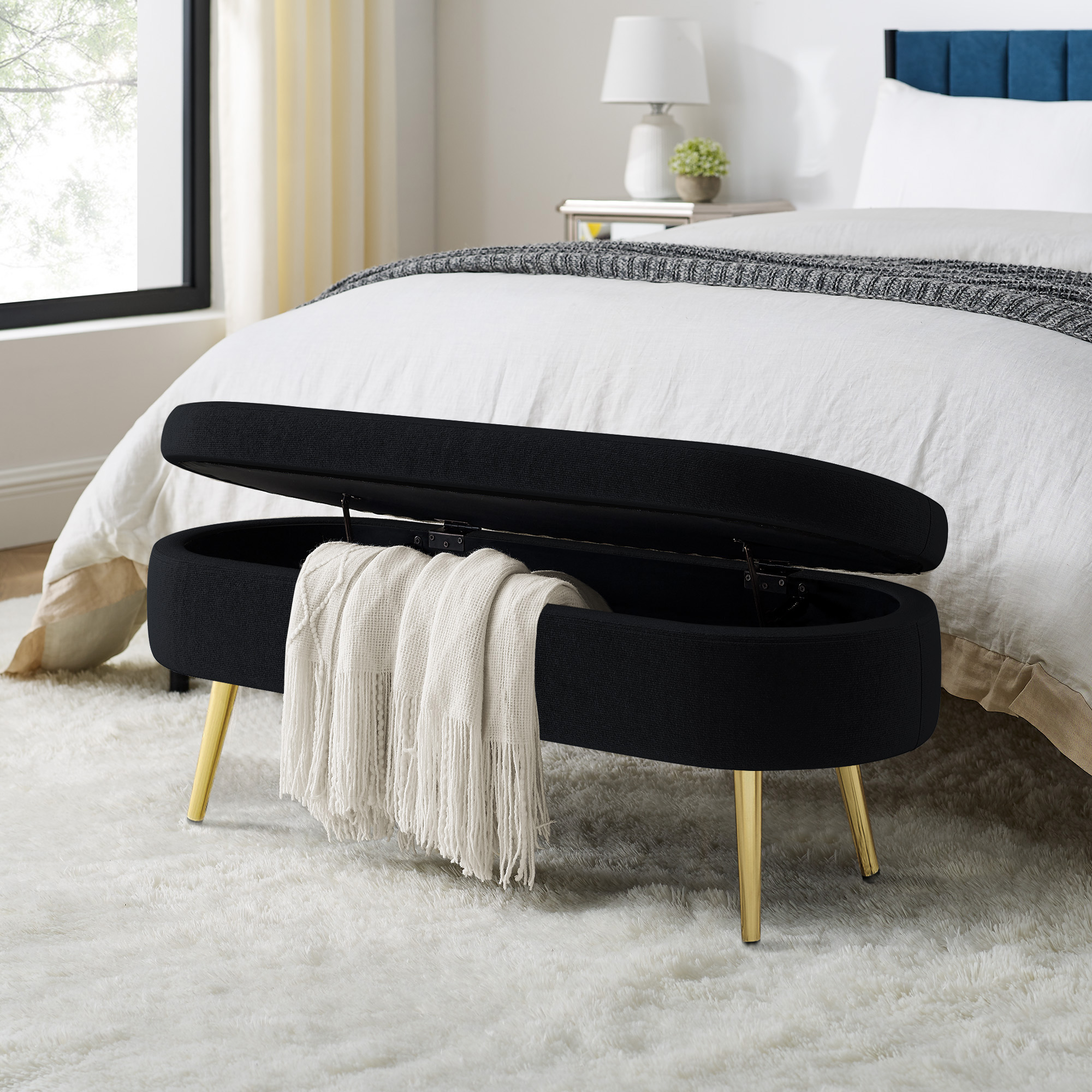 Ottoman Oval Storage Bench, Flannel with Metal Legs-Black(43.5"x16"x16") - Image 2