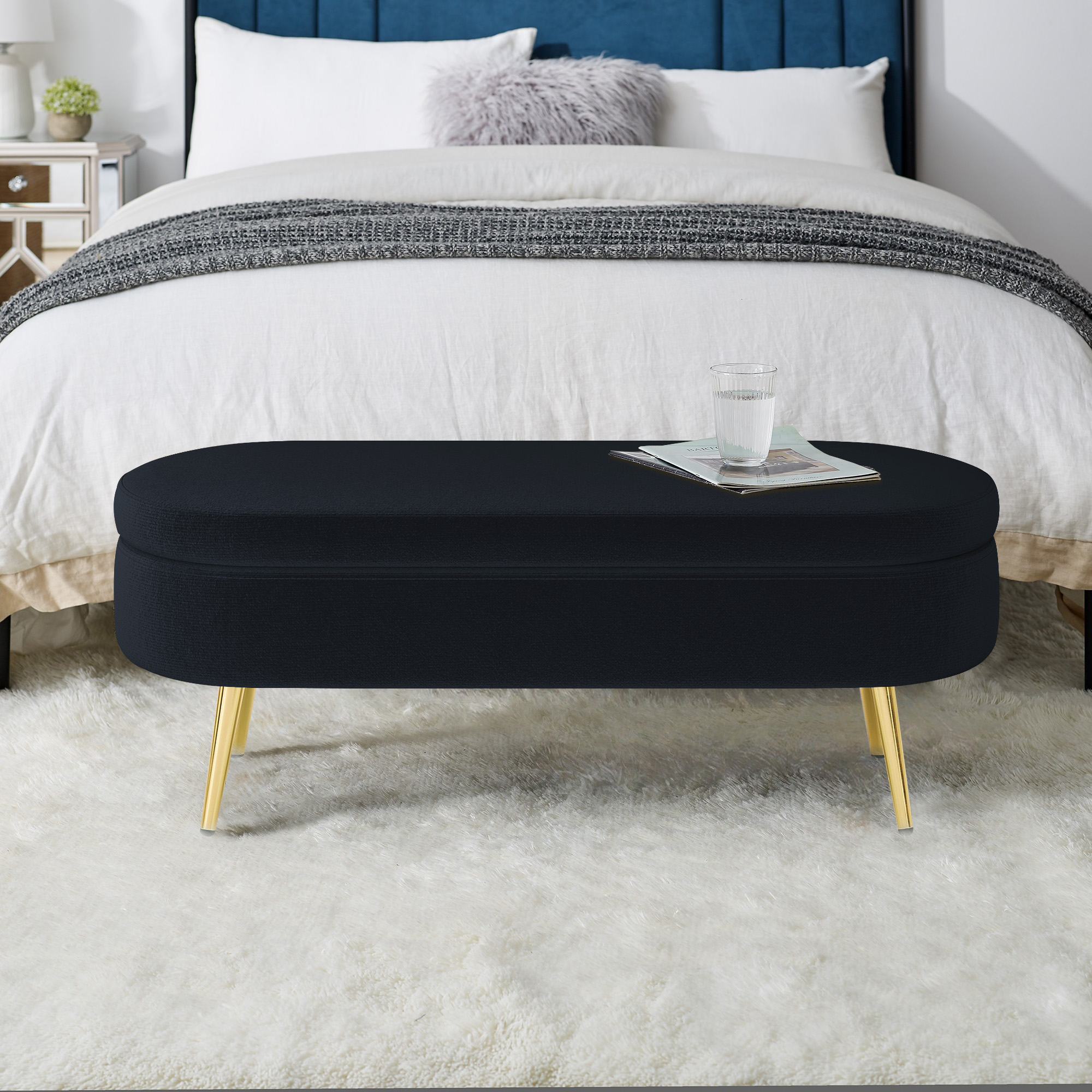 Ottoman Oval Storage Bench, Flannel with Metal Legs-Black(43.5"x16"x16") - Image 4