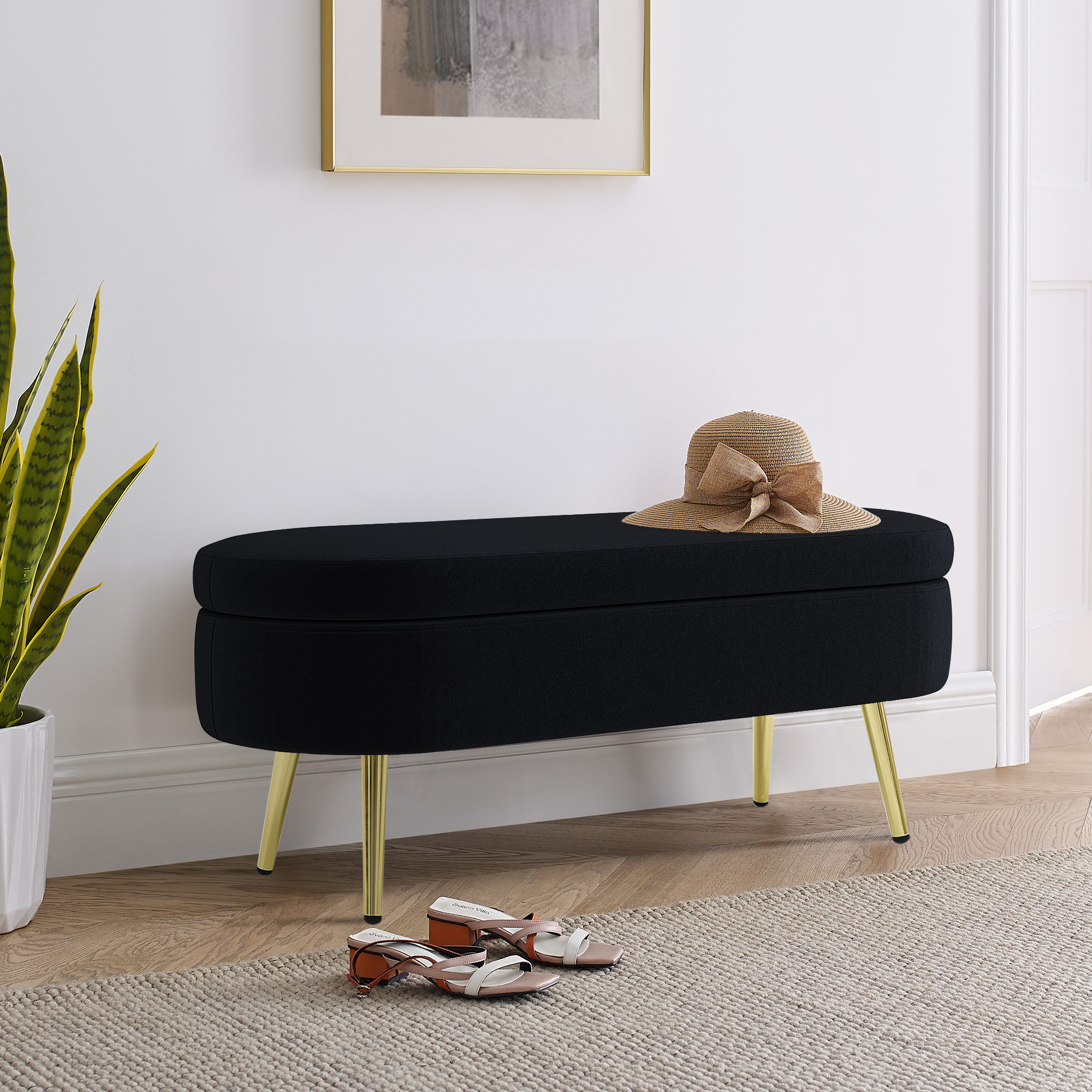 Ottoman Oval Storage Bench, Flannel with Metal Legs-Black(43.5"x16"x16") - Image 5