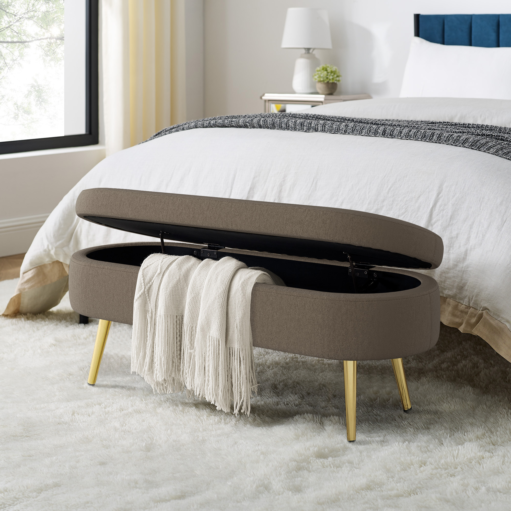 Ottoman Oval Storage Bench, Flannel with Metal Legs-Brown(43.5"x16"x16") - Image 2