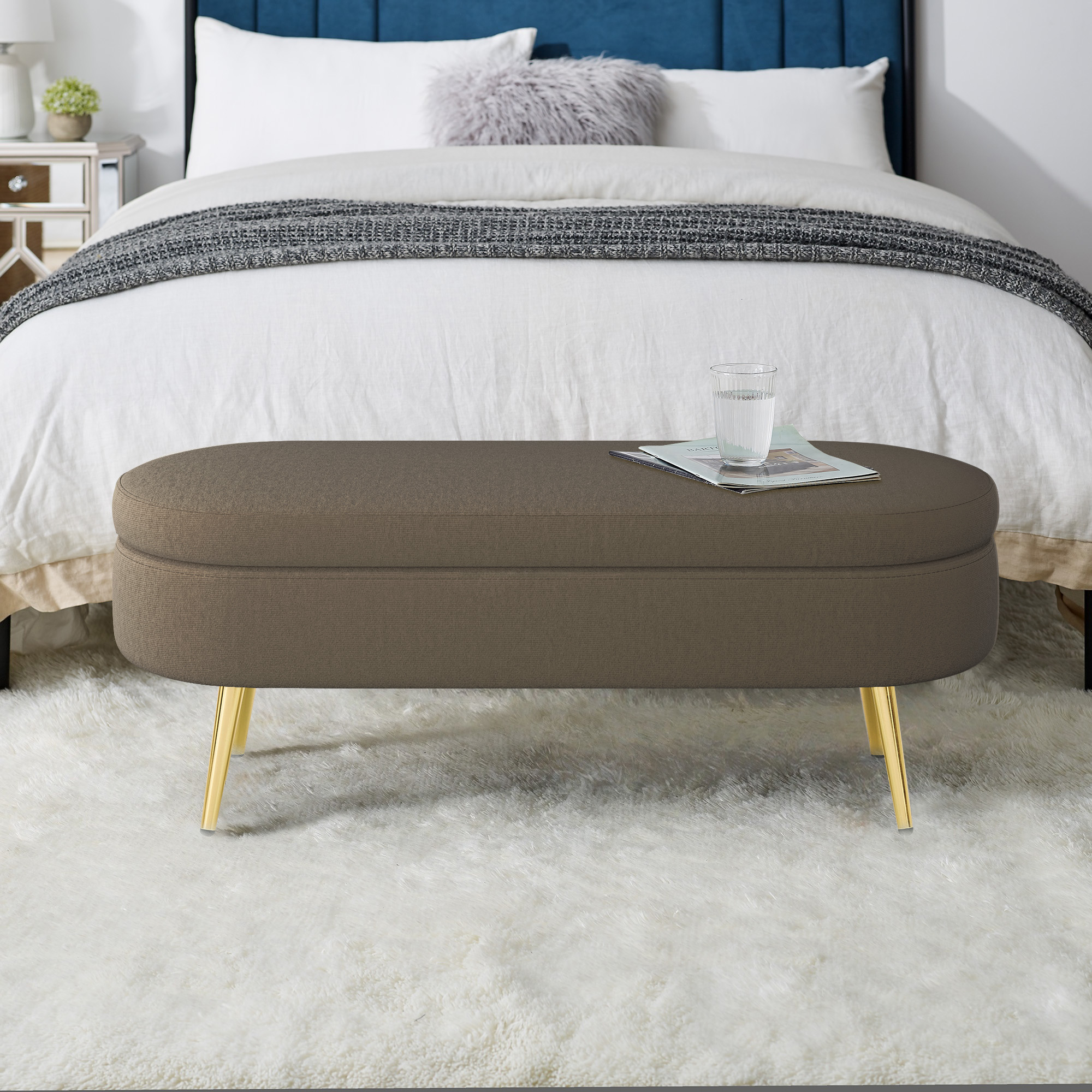 Ottoman Oval Storage Bench, Flannel with Metal Legs-Brown(43.5"x16"x16") - Image 4