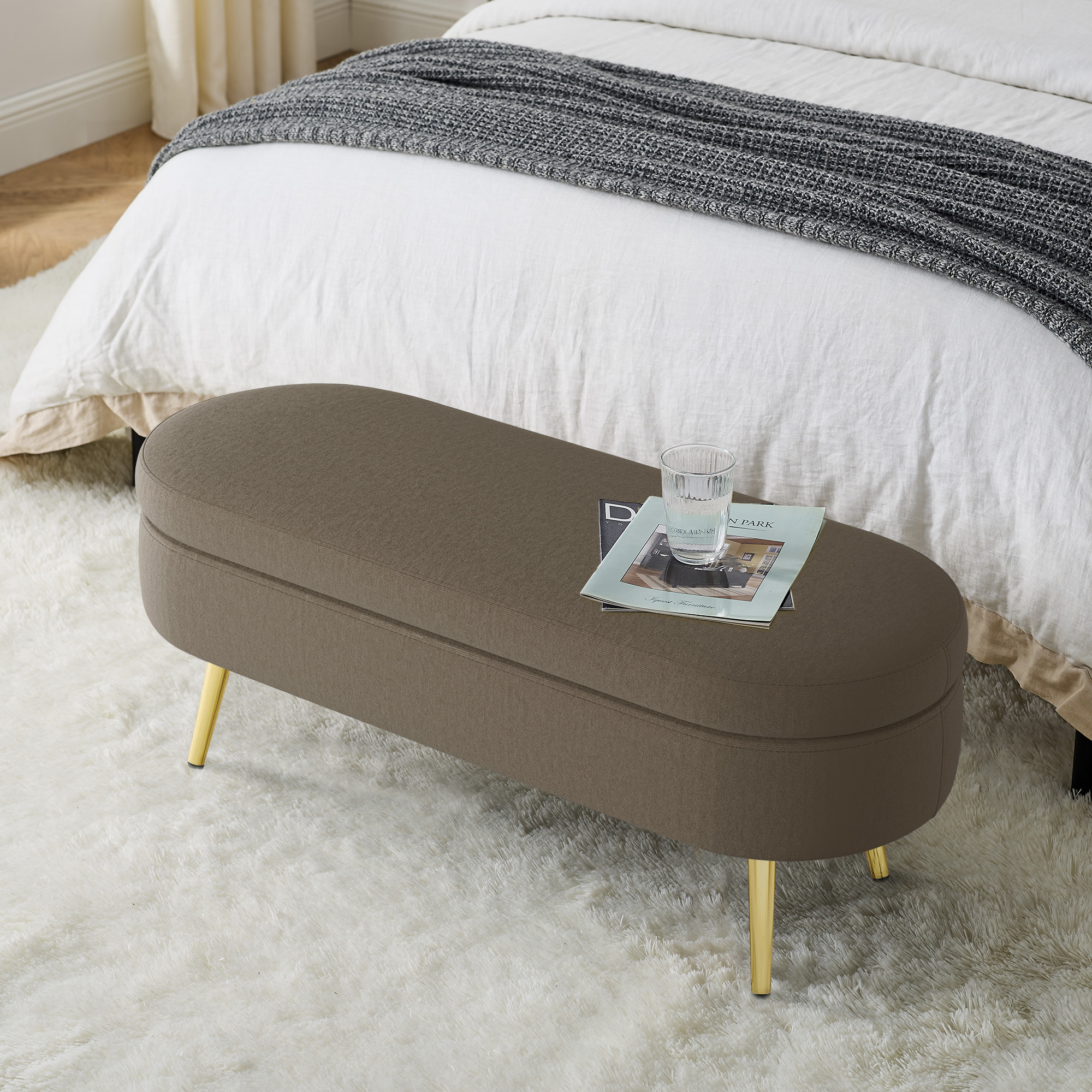 Ottoman Oval Storage Bench, Flannel with Metal Legs-Brown(43.5"x16"x16") - Image 3