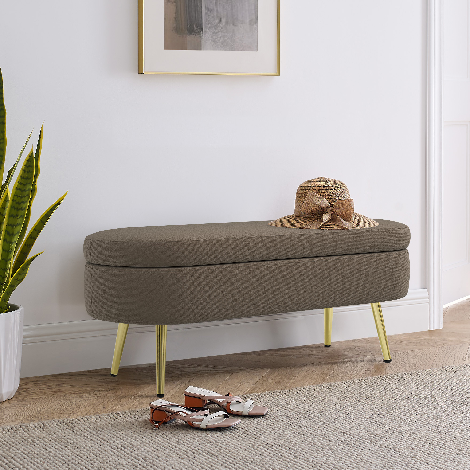 Ottoman Oval Storage Bench, Flannel with Metal Legs-Brown(43.5"x16"x16") - Image 5