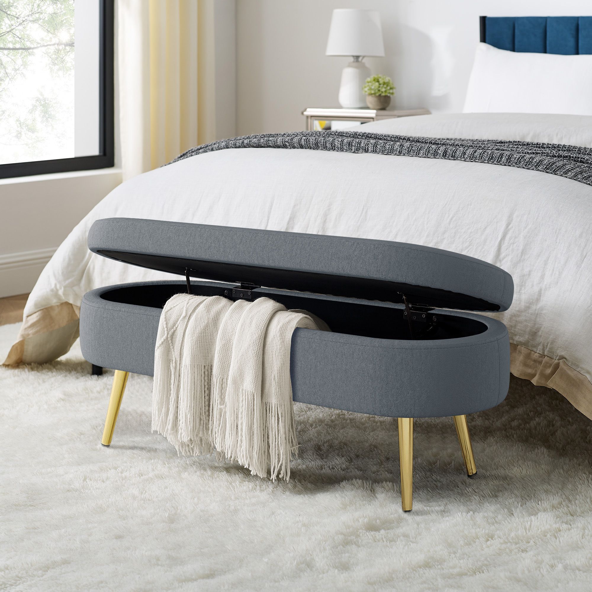 Ottoman Oval Storage Bench, Flannel with Metal Legs-Dark Gray(43.5"x16"x16") - Image 2