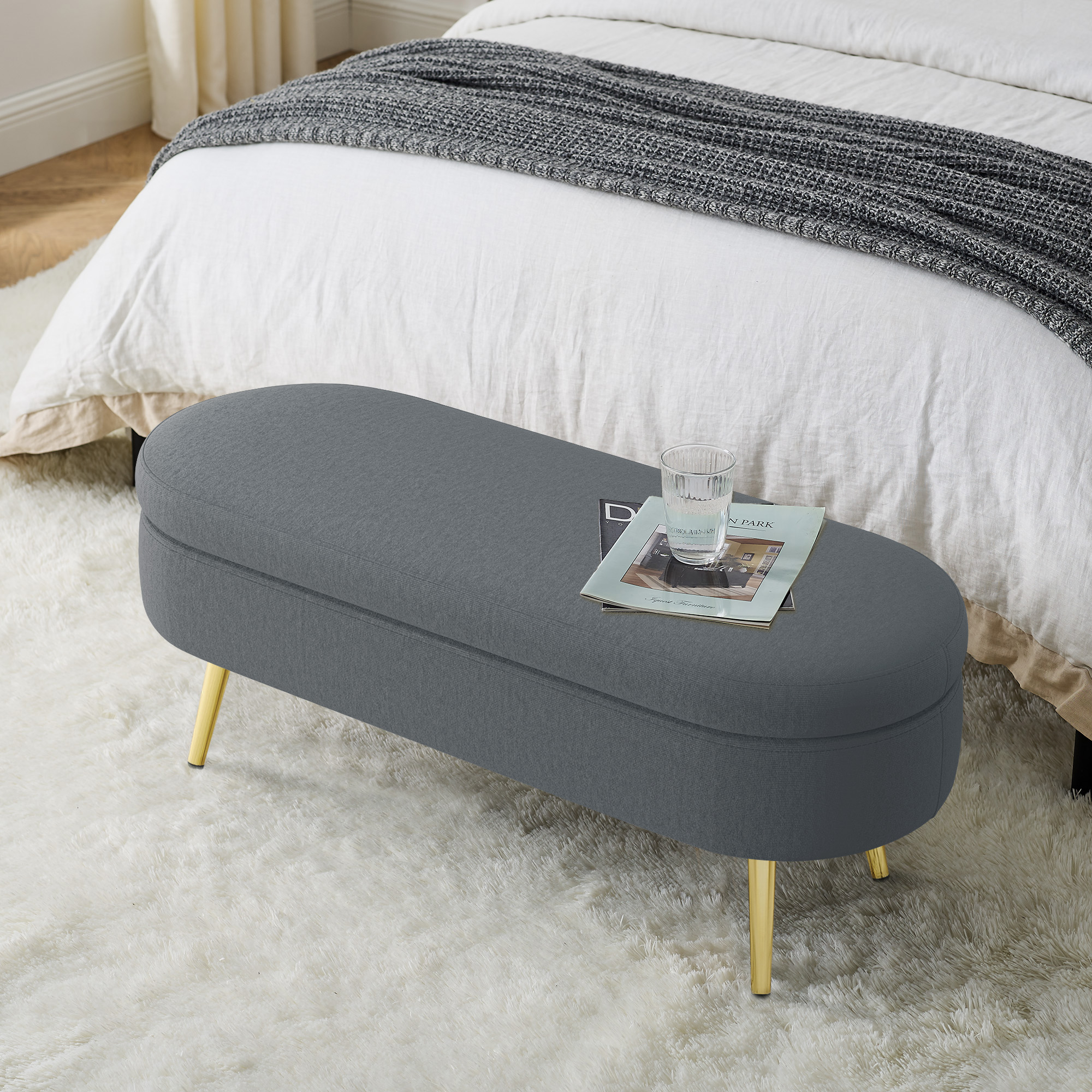 Ottoman Oval Storage Bench, Flannel with Metal Legs-Dark Gray(43.5"x16"x16") - Image 3